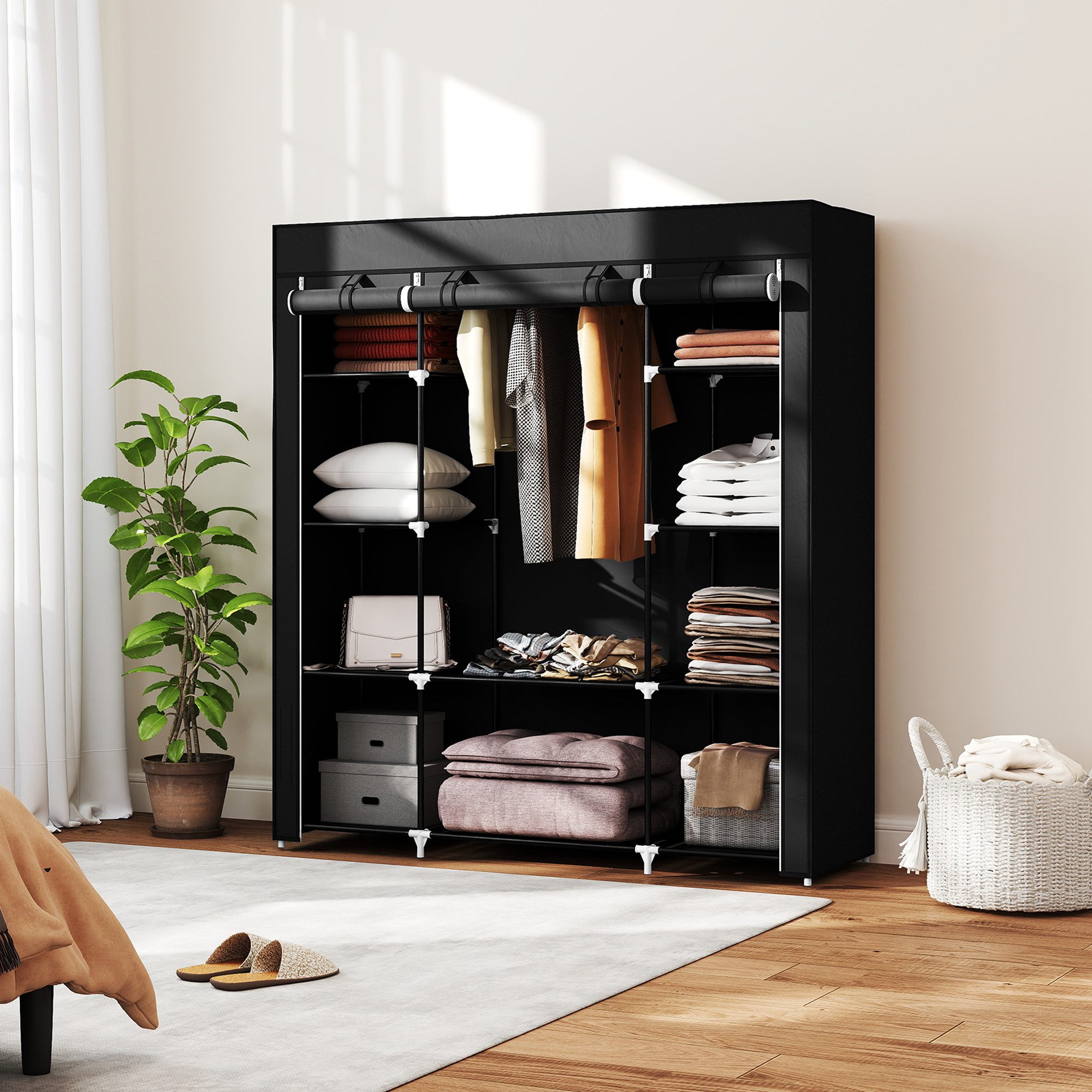 HOMCOM Stoffschrank Stoffkleiderschrank Faltschrank für Schlafzimmer, Ankleidezimmer (Tragbare Garderobe, 1-St., Kleiderschrank) Schwarz, 150 x 43 x 162,5 cm