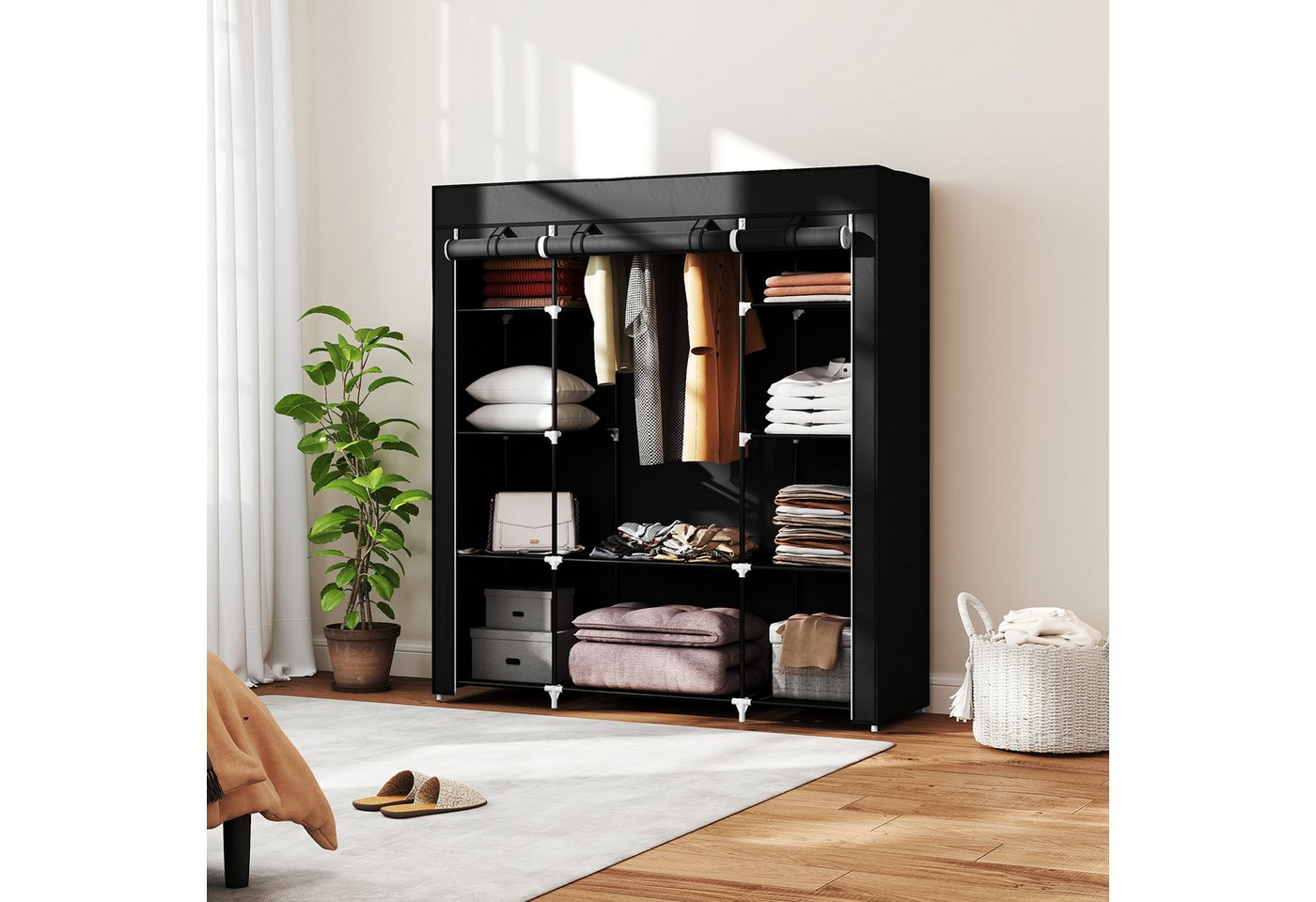 HOMCOM Stoffschrank Stoffkleiderschrank Faltschrank für Schlafzimmer, Ankleidezimmer (Tragbare Garderobe, 1-St., Kleiderschrank) Schwarz, 150 x 43 x 162,5 cm