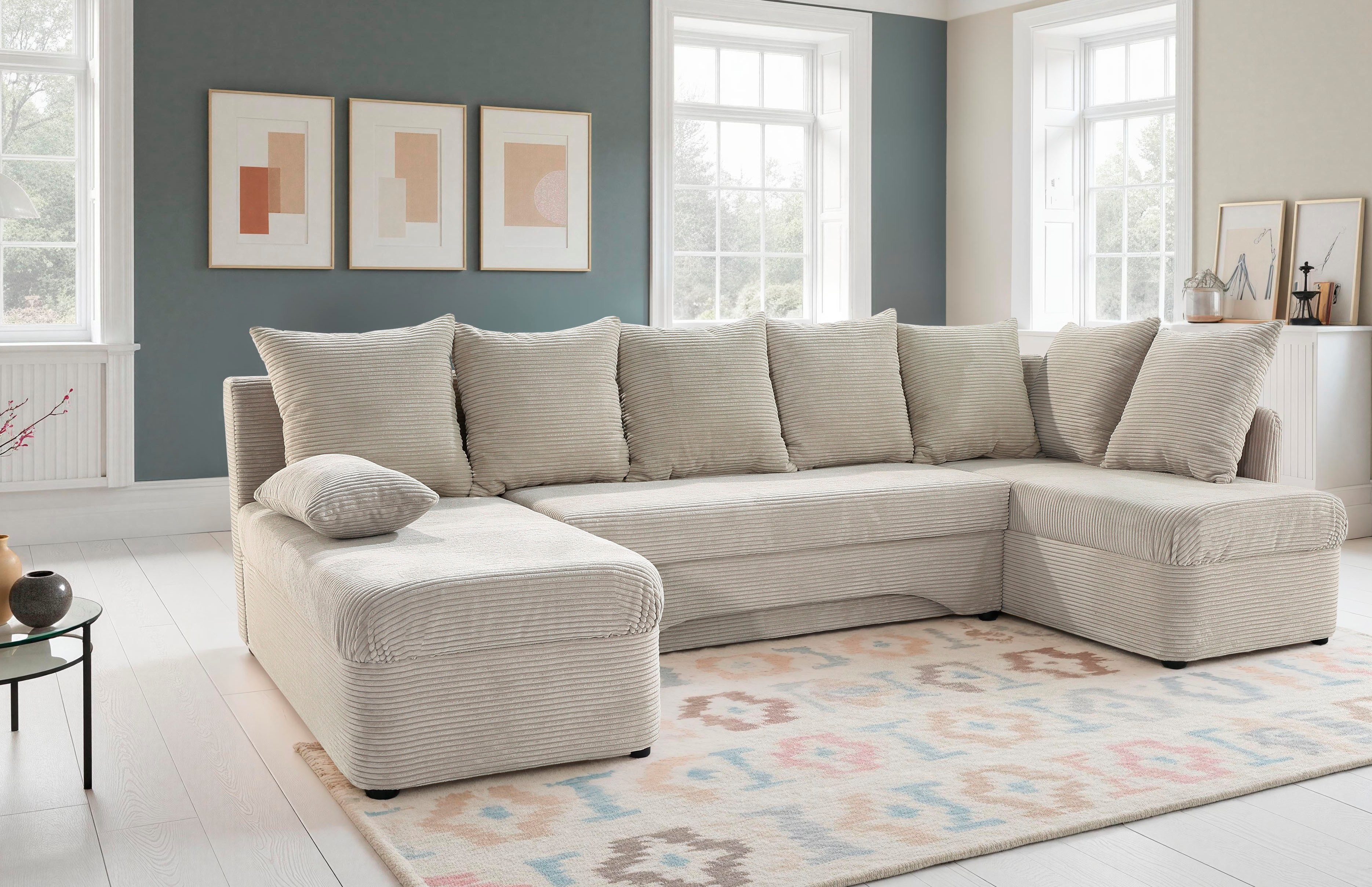 Jockenhöfer Gruppe Wohnlandschaft Arktis U-Form, B: 260 cm, auch in Cord, Sofa mit Bettkasten & Schlaffunktion, zahlreiche Kissen