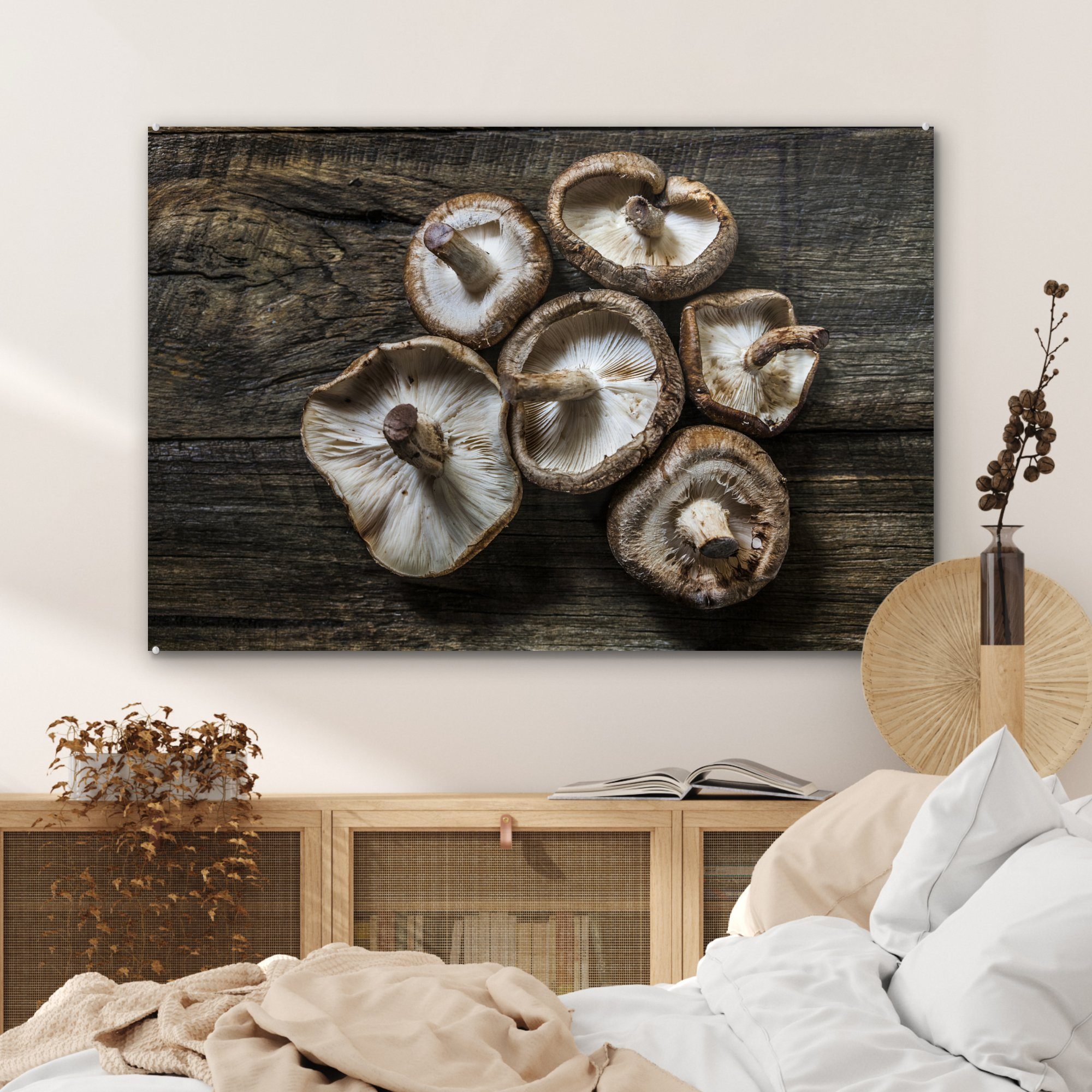 Acrylglasbilder Hintergrund, & (1 hölzernen auf Acrylglasbild MuchoWow Schlafzimmer St), Pilze einem Wohnzimmer