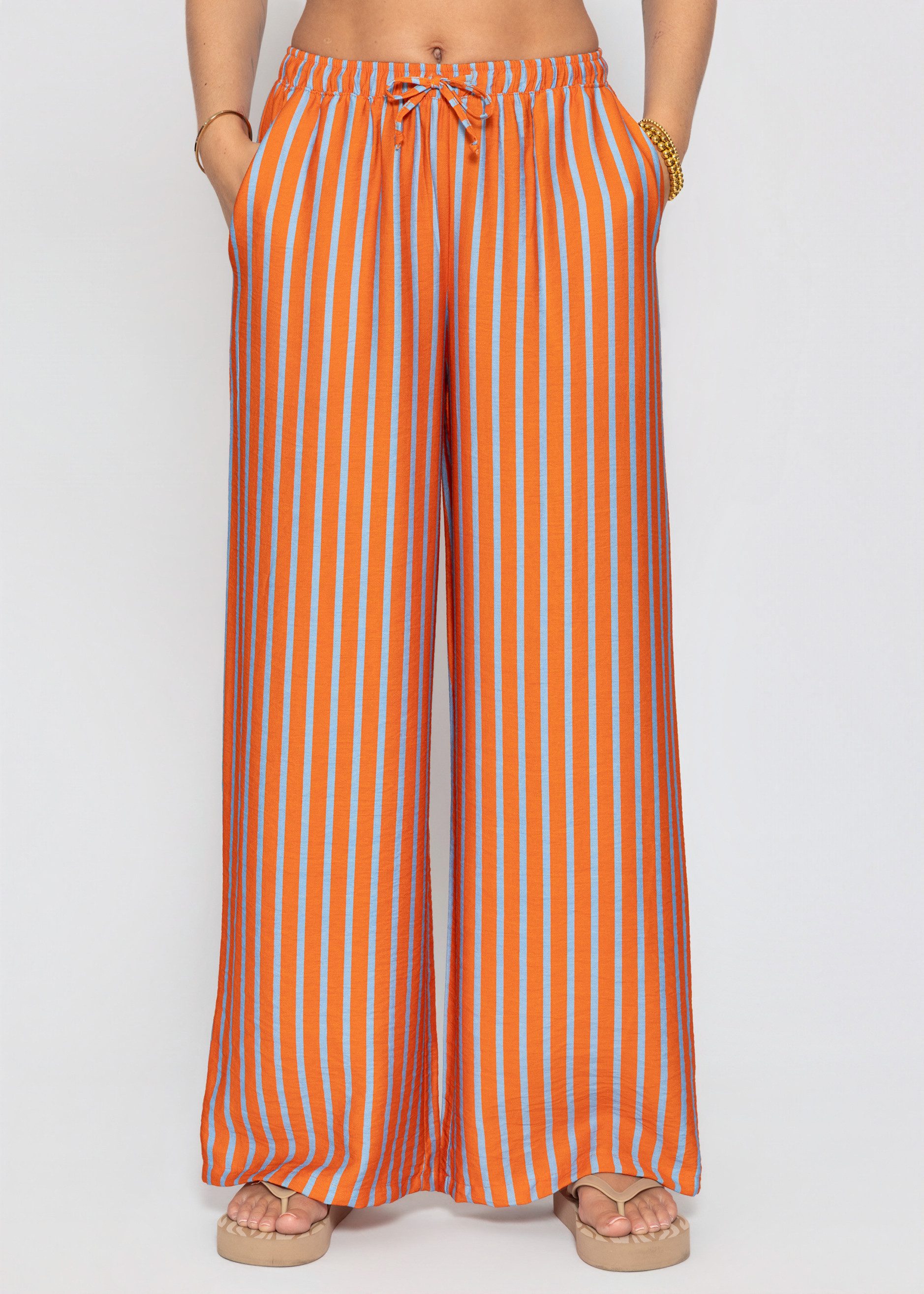 SASSYCLASSY Stoffhose Gestreifte Hose mit Kordelzug für Damen Weit geschnittene Stoffhose mit Eingriffstaschen und elastischem Bund