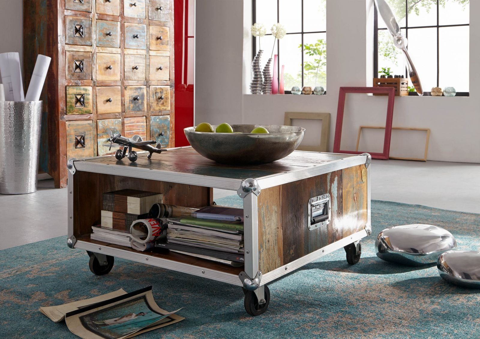 Massivmoebel24 Couchtisch Couchtisch Altholz 80x80x42 mehrfarbig lackiert INDUSTRIAL #101