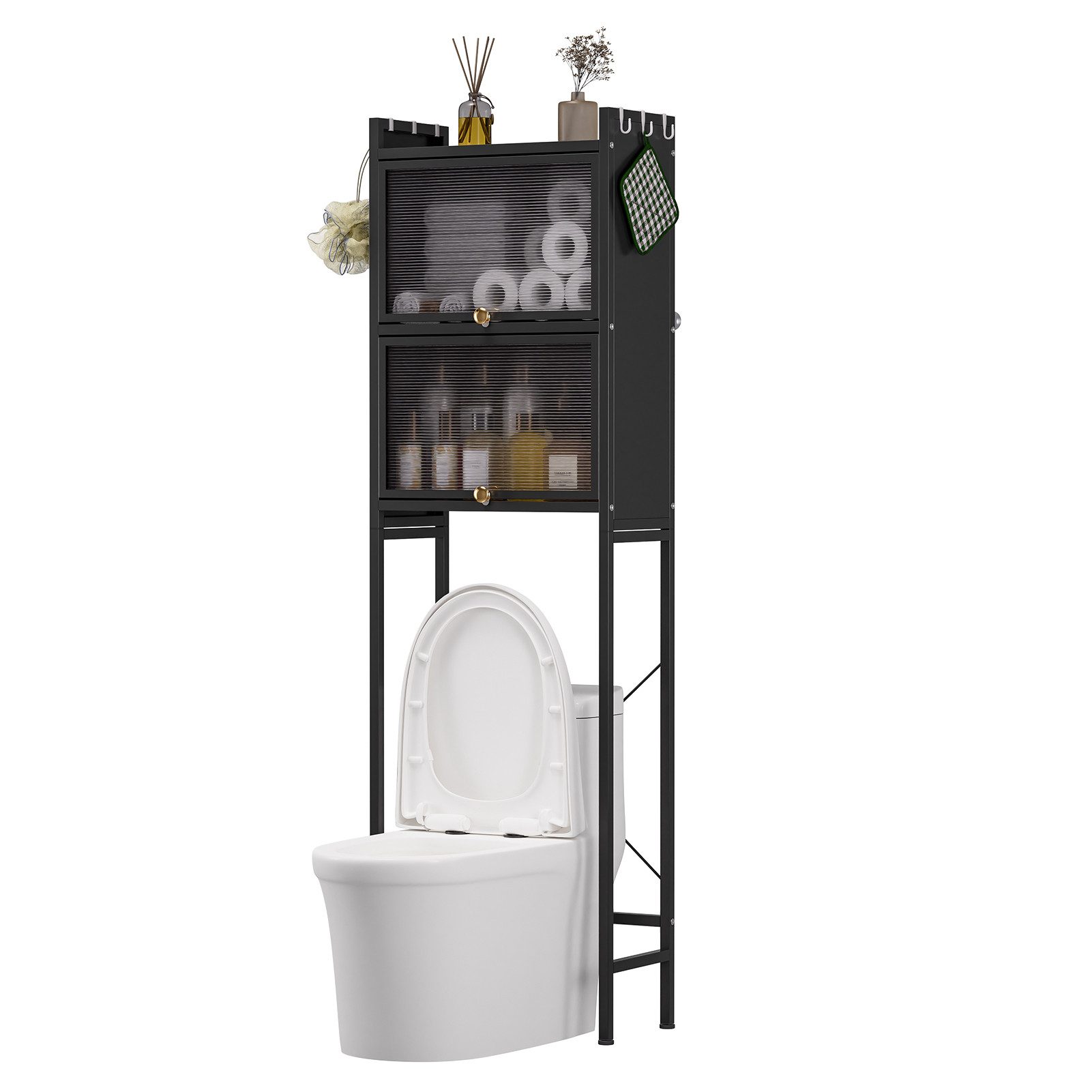 Rutaqian Badregal WC Regal mit Türen ohne Bohren Badezimmerregal Wasserdicht 50x25x165cm, Badregal mit Stauraum und PVC Türen, Platzsparender Badezimmerschrank