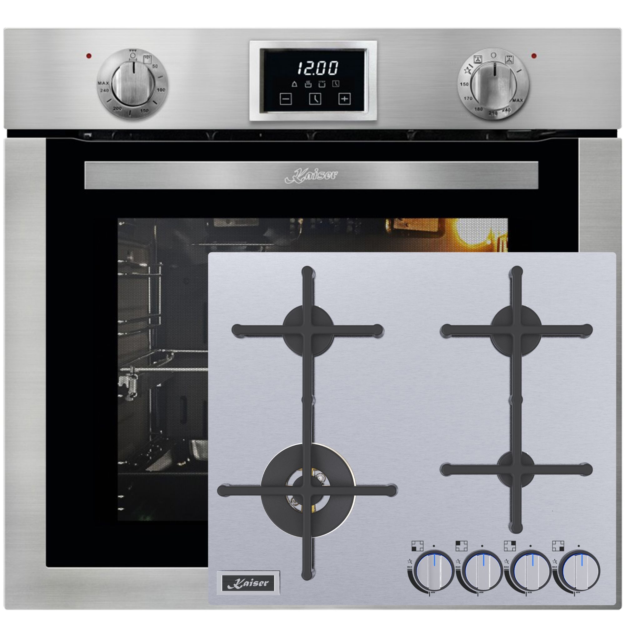 Kaiser Küchengeräte Backofen-Set Herd Set Aytark Einbau Gasbackofen Autark, 79L, Grill, Drehspieß+ Autark Gas-Kochfeld 60 cm Edelstahl mit Anti touch-Effekt, Magnetische Gusseisen Topfhalter, Geeignet für Erdgas & Flüssiggas EG 6372+ KG 6236 Turbo, mit 1-fach-Teleskopauszug
