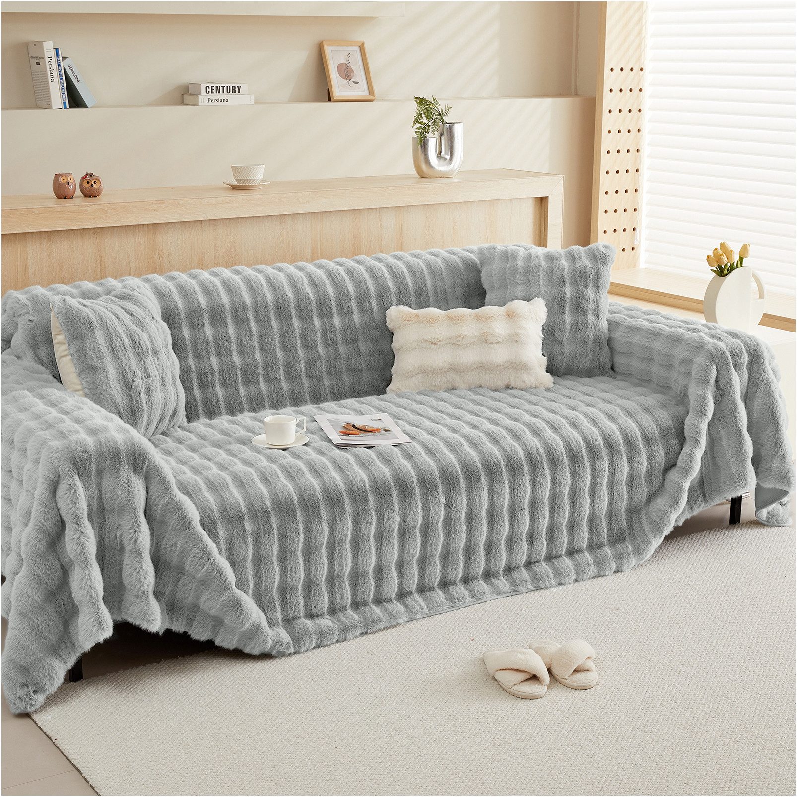 Rosnek Sofahusse Zottelig, warm, Wellendesign, rutschfest, für Winter Sofas Bett, B×L: 180×180;180×230;180×300cm