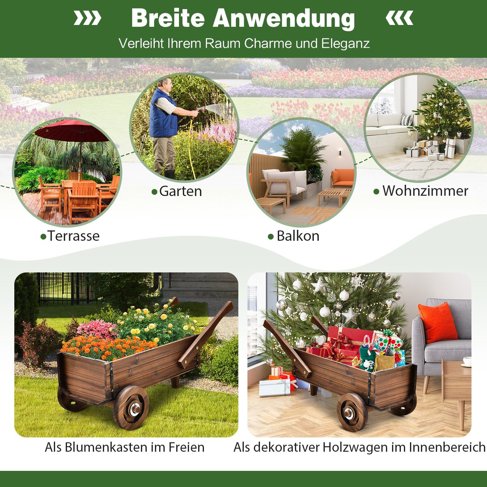 COSTWAY Blumenständer, Blumenwagen mit Abflussloch, Rädern und Griffen