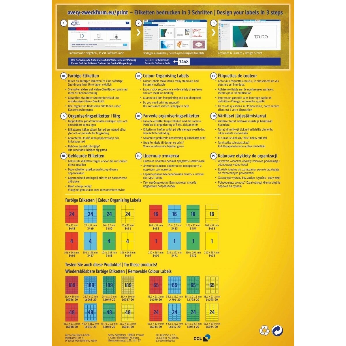 Avery Zweckform Etiketten Etiketten Inkjet/Laser/Kopier 210x297mm VE=100 Stück gelb