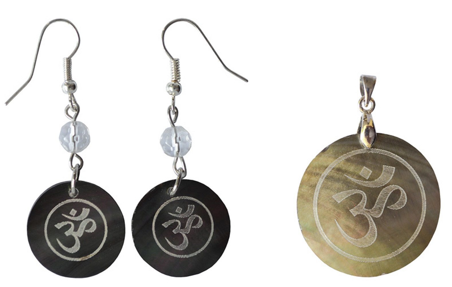 Anhänger Set Set Gravur "OM" Muschel Anhänger Ø3cm, Ohrhängerpaar Ø2cm