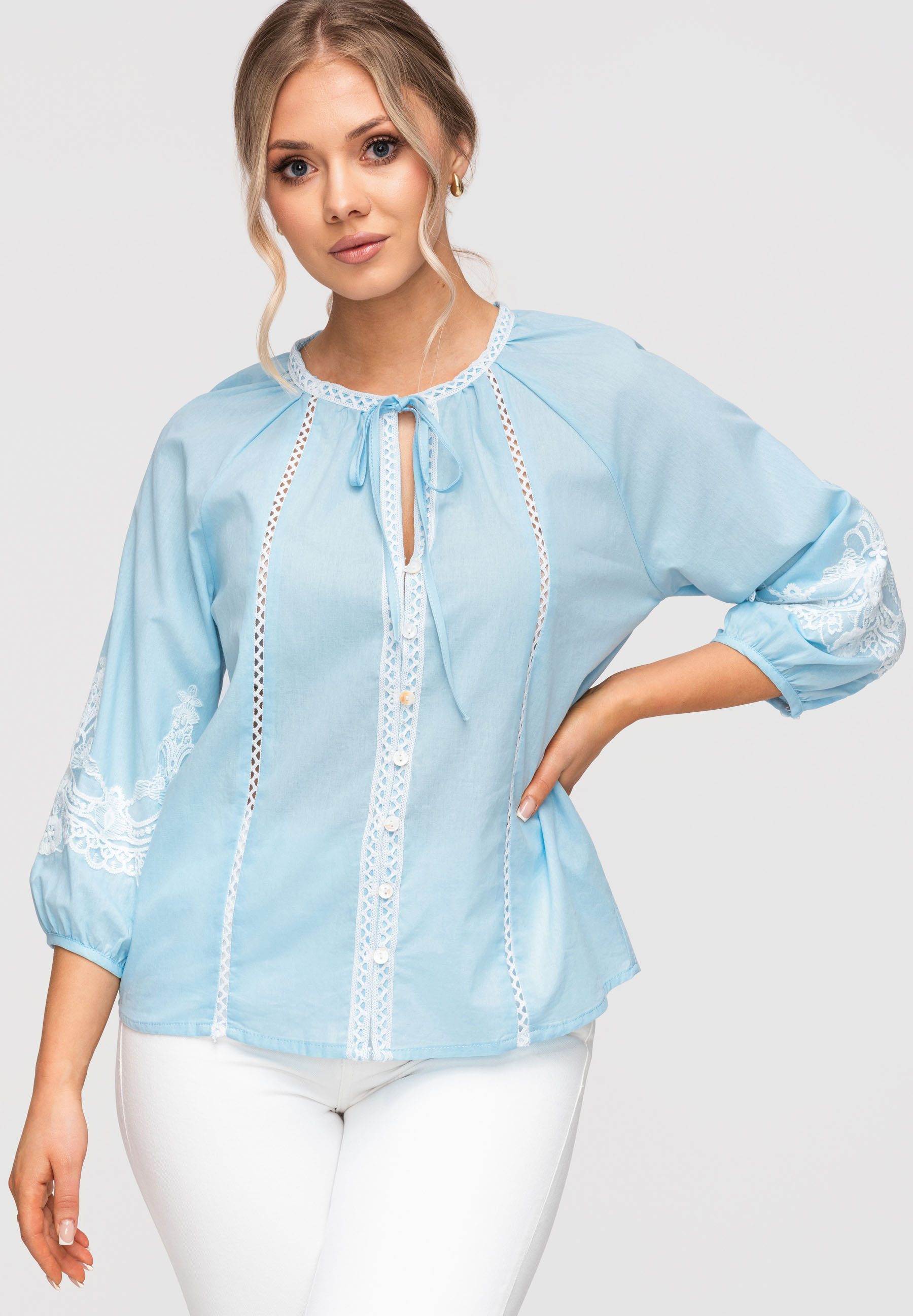 OMBRE Hemdbluse Damen Bluse Baumwolle Boho Stickerei Blau L (kein Set, 1-tlg) Ajour-Einsätze, Stickereien, Knopfleiste