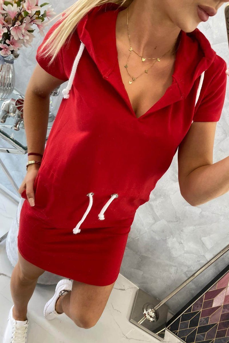 V-Ausschnitt und Kesi Sommerkleid Kesi Damen (15218-U) mit Kordel Shirtkleid Shirtkleid Rot