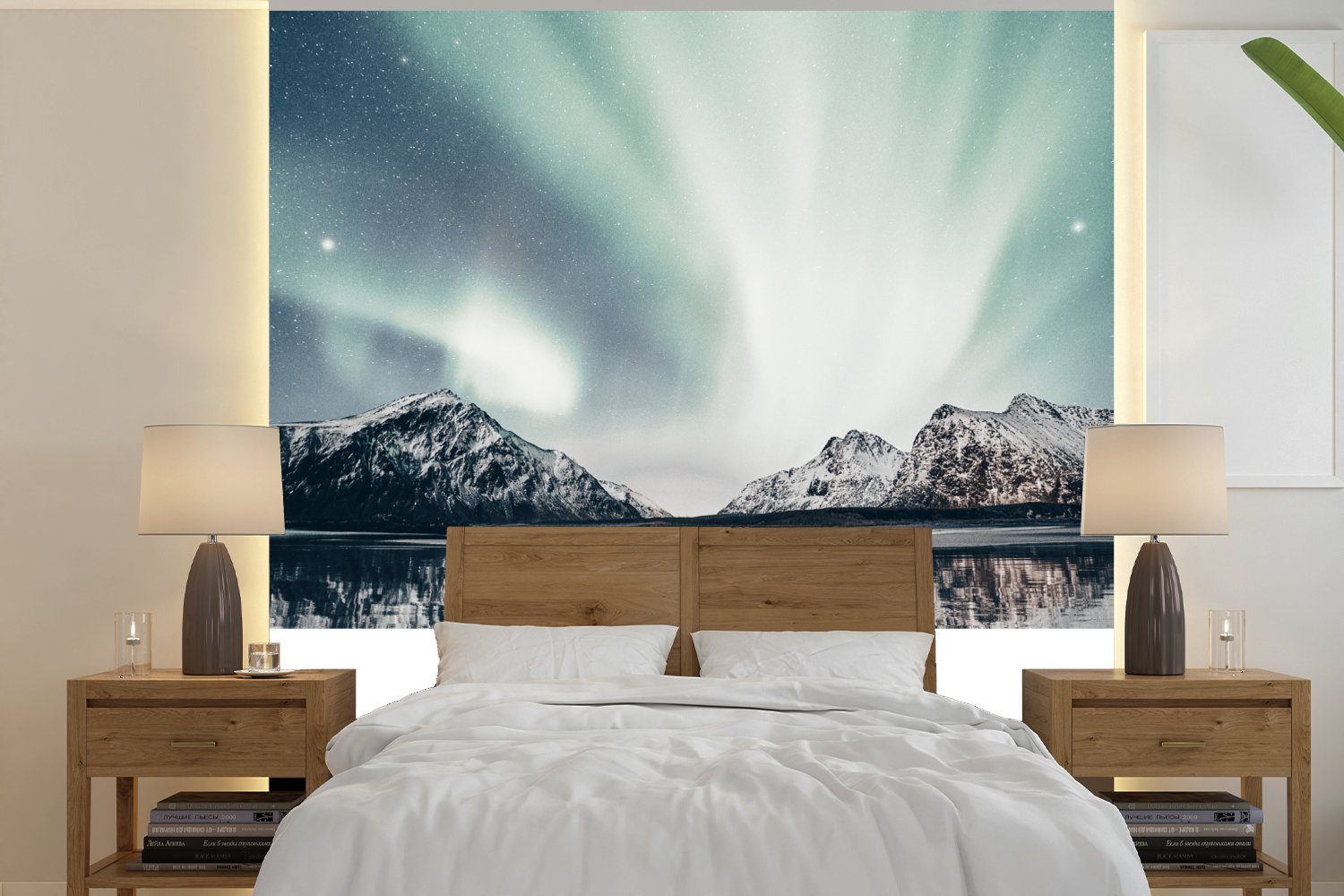 MuchoWow Fototapete Norwegen - Gletscher - Nordlichter, Matt, bedruckt, (5 St), Vinyl Tapete für Wohnzimmer oder Schlafzimmer, Wandtapete