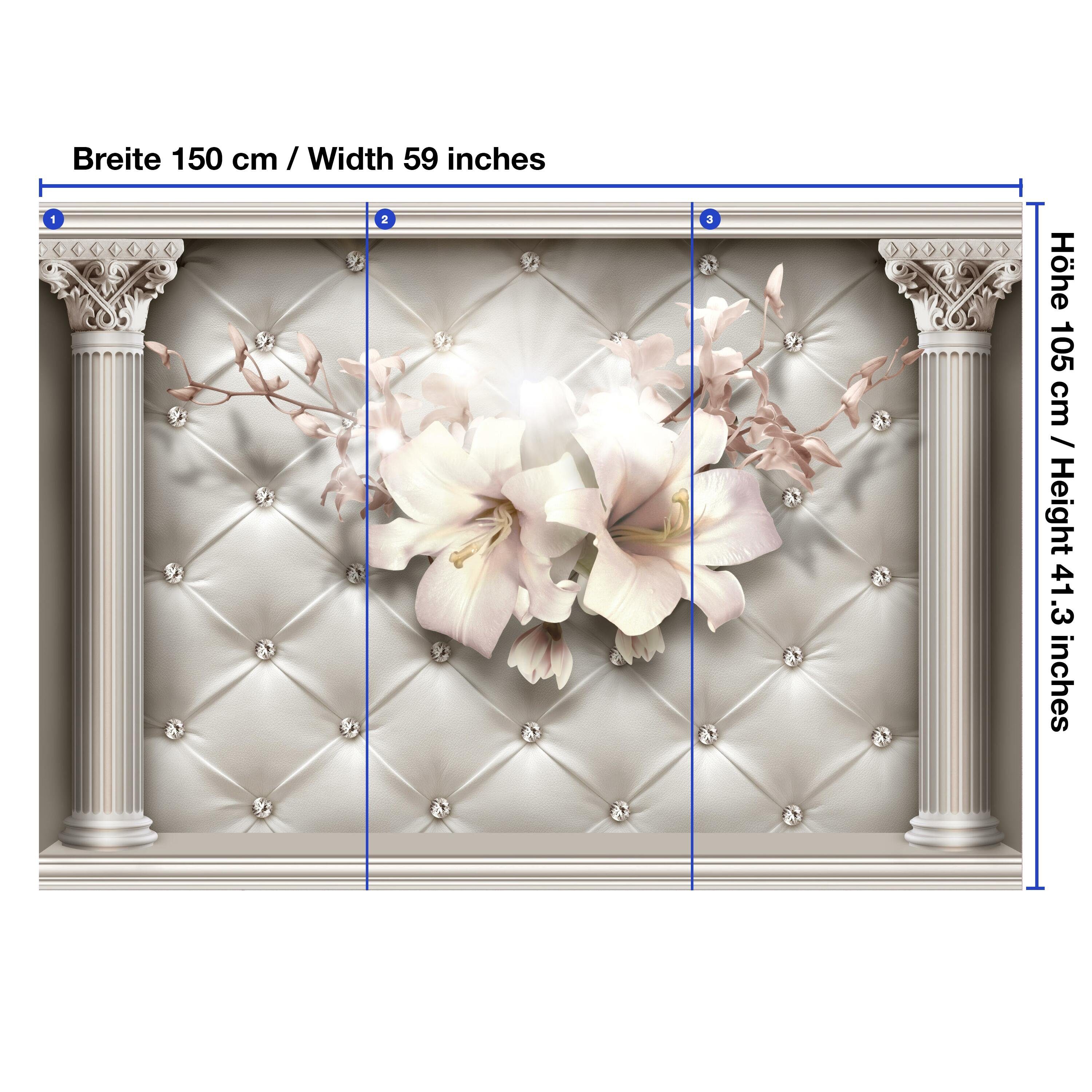 3D Fototapete Säulen Blüten glatt, Effekt Wandtapete, Diamanten, Vliestapete matt, wandmotiv24 Motivtapete,