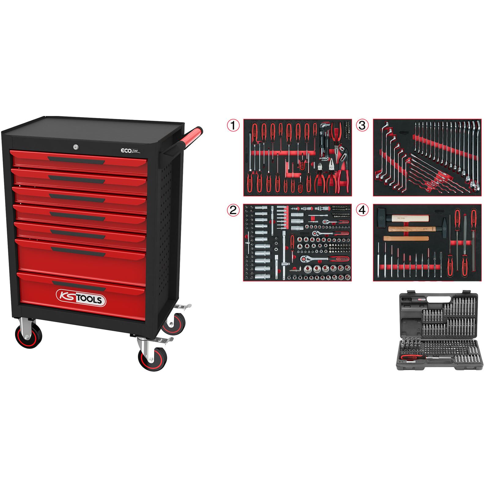 KS Tools Werkstattwagen KS TOOLS ECOline SCHWARZ/ROT Werkstattwagen mit 7 Schubladen und ...