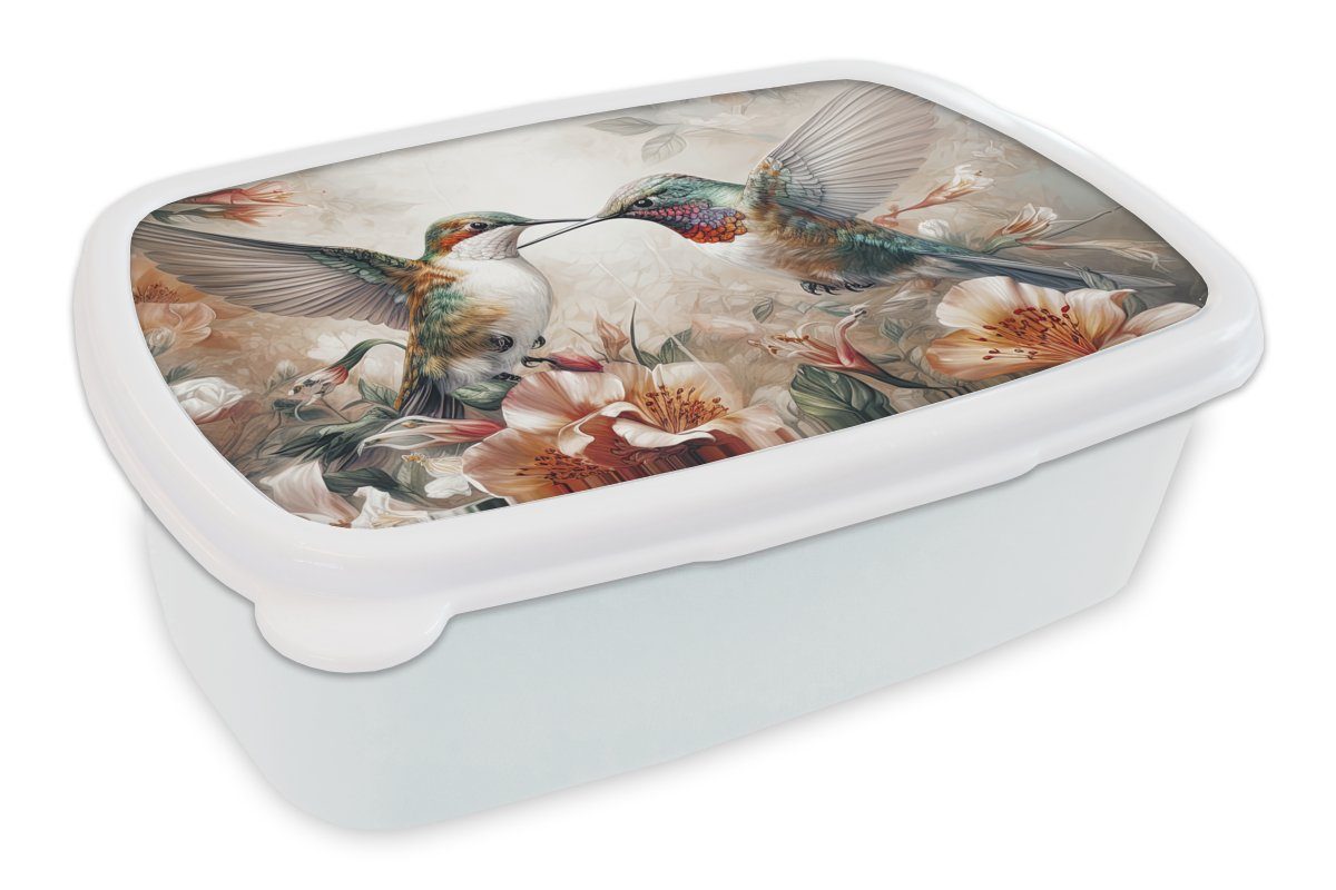 MuchoWow Lunchbox Kolibri - Vögel - Blumen - Natur, Kunststoff, (2-tlg), Brotbox für Kinder und Erwachsene, Brotdose, für Jungs und Mädchen weiß