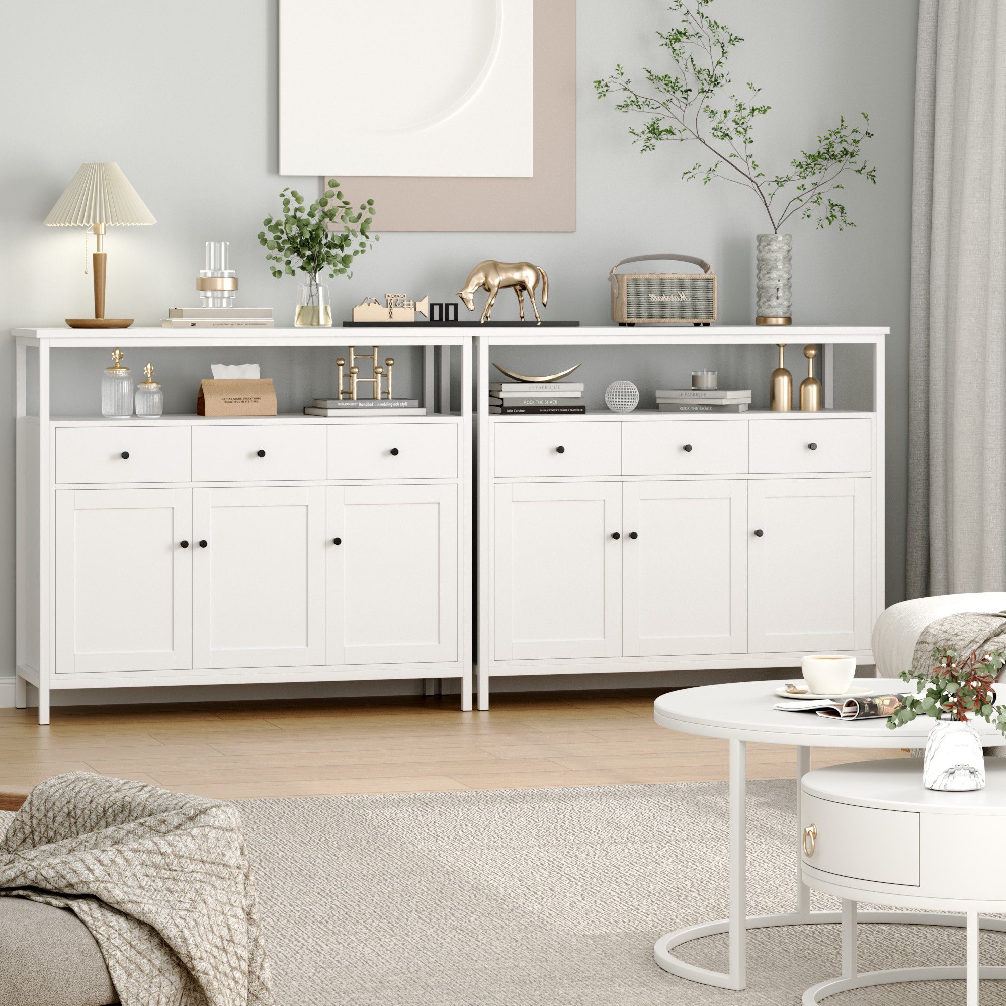 Homfa Sideboard Küchenschrank, mit 3 Schubladen 3 Türen Buffetschrank weiß 108x38x98,5cm