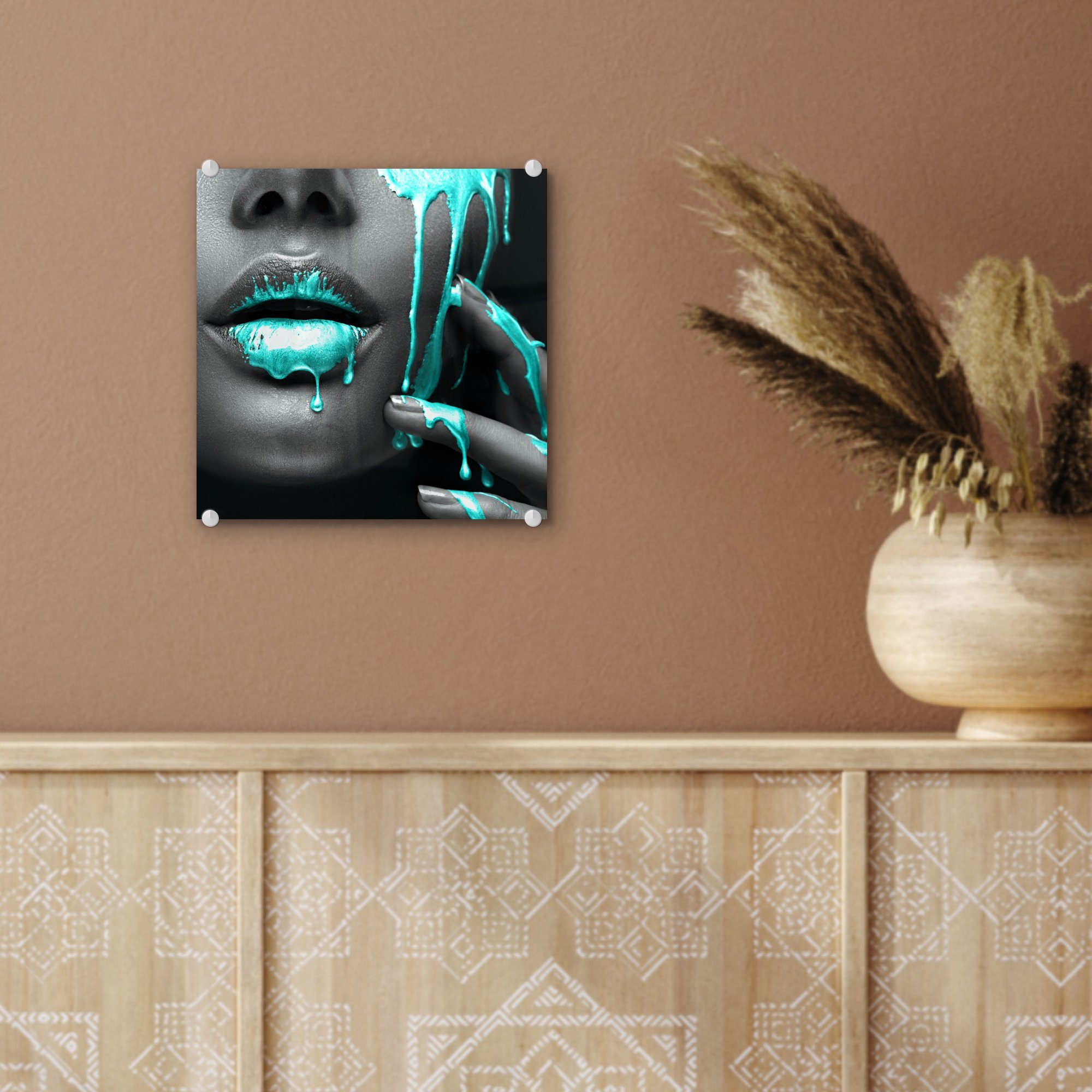 MuchoWow Acrylglasbild Lippen - - Foto auf auf Glas St), Wandbild - Glas - Glasbilder - Blau Schwarz, (1 Wanddekoration Bilder