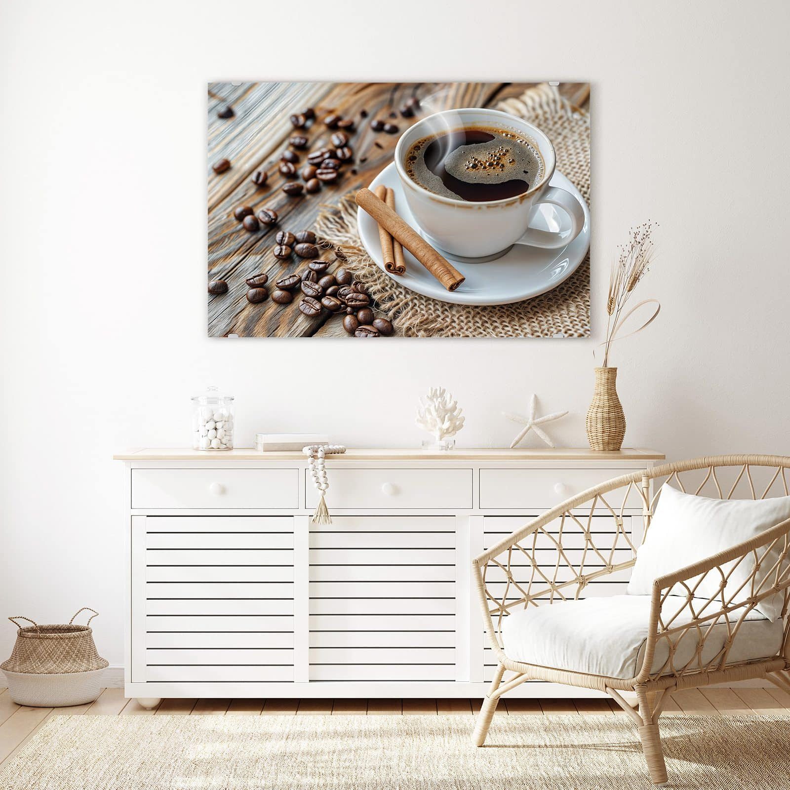 Primedeco Glasbild Wandbild Kaffee und Zimt mit Aufhängung, Kaffee (21 verschiedene Größen, 1 St), Elegante Aufhängung