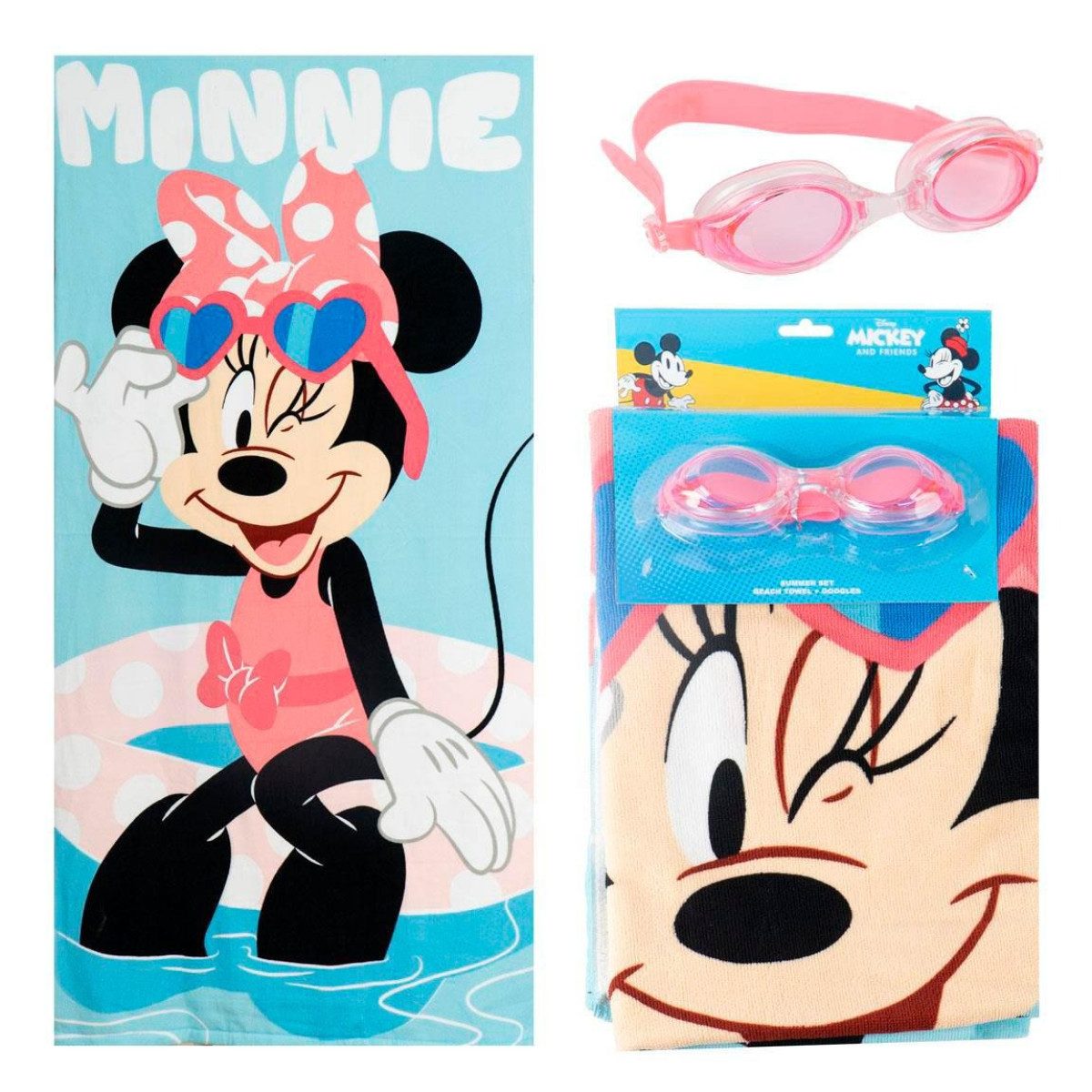 Disney Minnie Mouse Strandtuch Kinder Strandtuch 70 × 140 cm mit Schwimmbrille als Set, (Spar-Set)