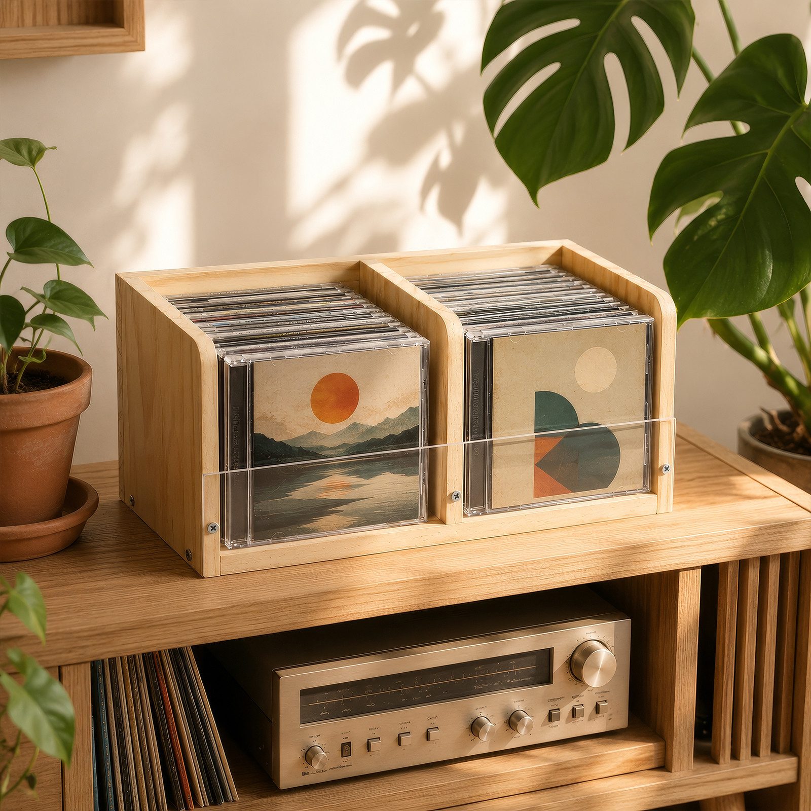 BlingBin CD-Regal CD-Ständer aus Holz und Acryl, 2 Ebenen, für bis zu 30 CD-Hüllen, CD-Aufbewahrung 1-tlg., kompakter Medien Organizer für Schreibtisch, Regal und Wohnzimmer
