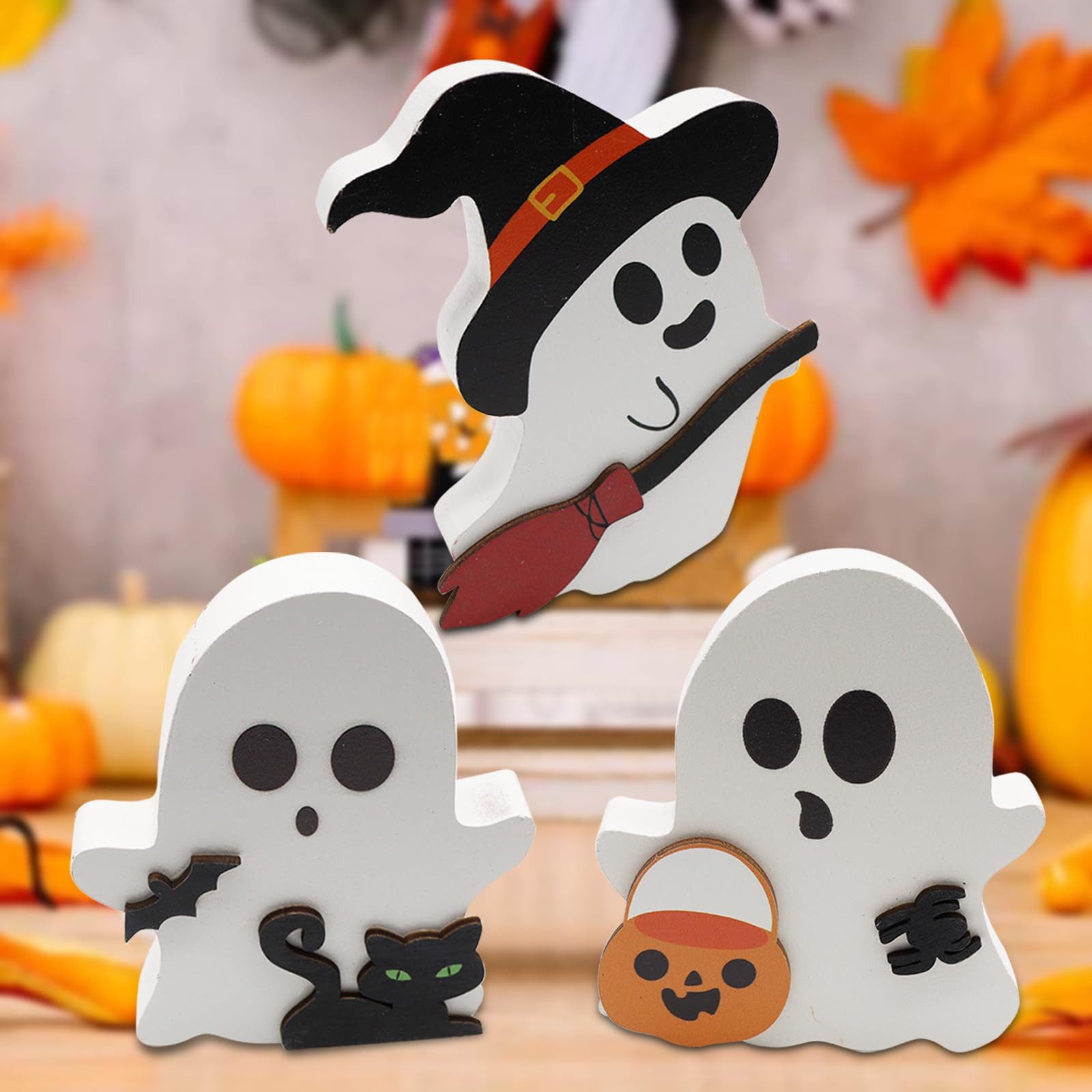 FOUORTUNATE-BEE Dekoobjekt 3 Stück Niedliche Geister Halloween Dekoration Holz (mit Hexengeist, Kürbis, Schwarze Katze, 3 St., Halloween Deko Party Deko für Zuhause)