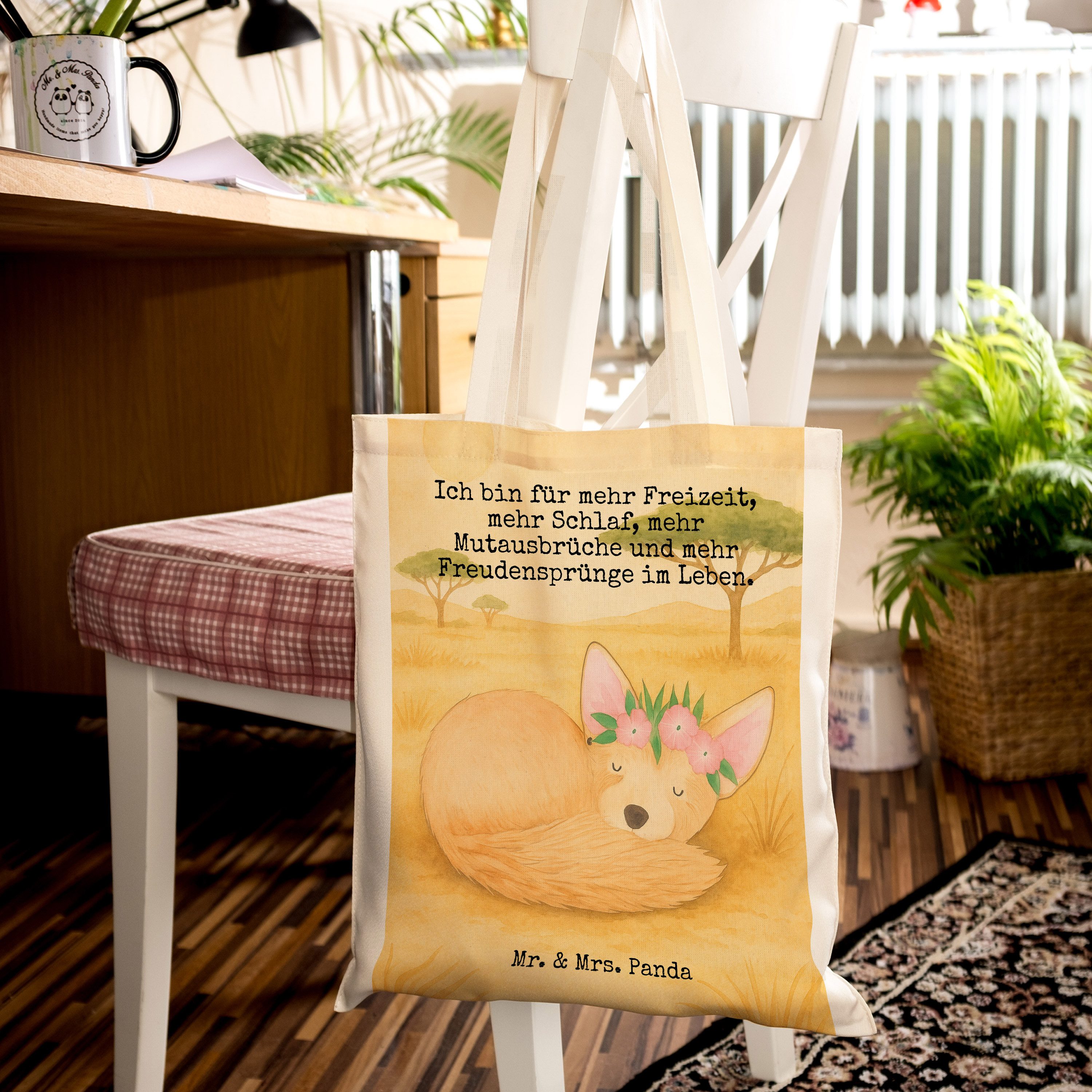 Mr. & Mrs. Panda Tragetasche Wüstenfuchs Blumen Design, Jutetasche, Weiß, Wüste, Afrika, Blumenkra (Packung), Tragetasche Jutebeutel Shopping Tasche