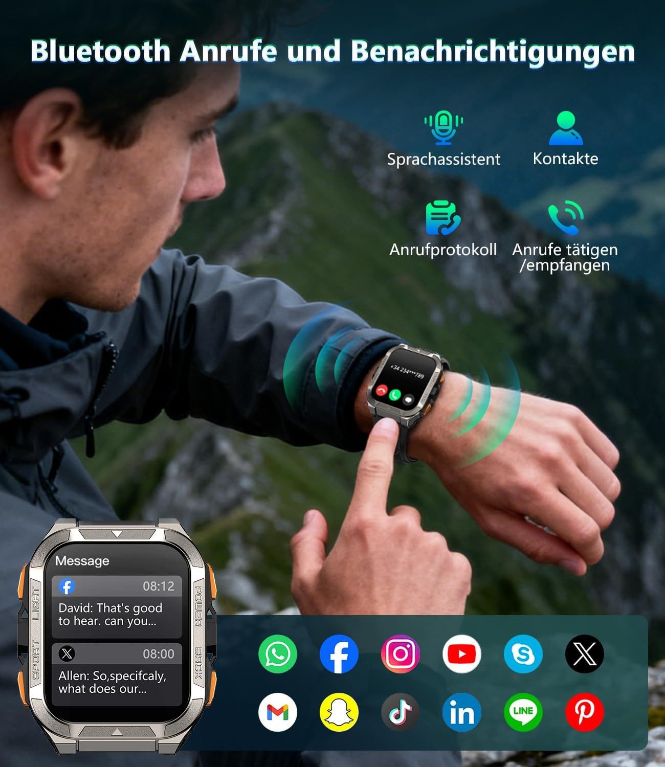 IOWODO Smartwatch Herren W80 Pro–GPS,Kompass 2.0,900mAh Akku,Bluetooth Anrufe Smartwatch Set, mit Wechselband aus weichemSilikon und Ladekabel, 15 Tage Akku,LED-Taschenlampe,SOS,IP68,Für Outdoor&Abenteuer,2 Armband