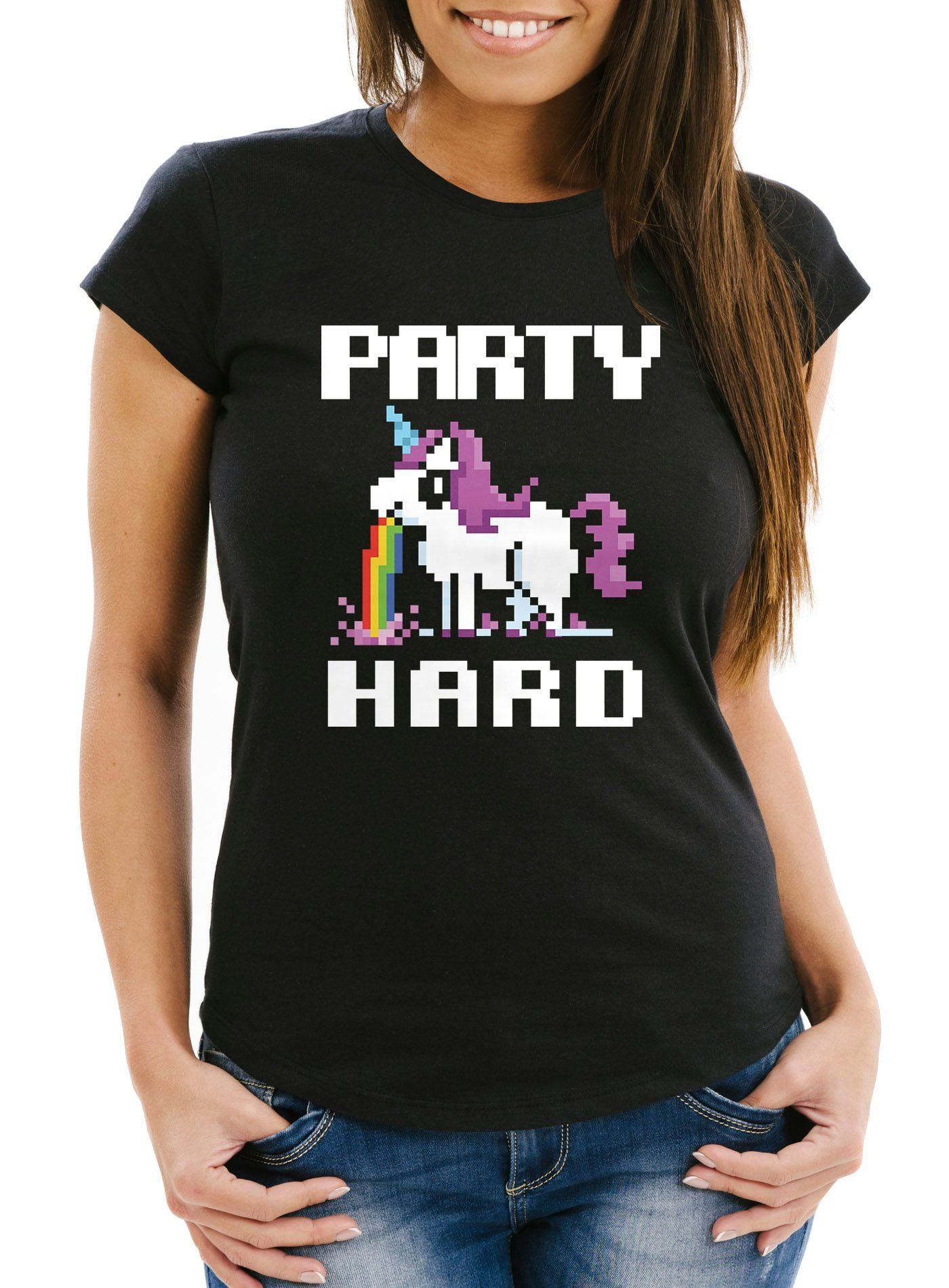 Print-Shirt Damen T-Shirt Party Hard kotzendes Einhorn Fun-Shirt Saufsprüche