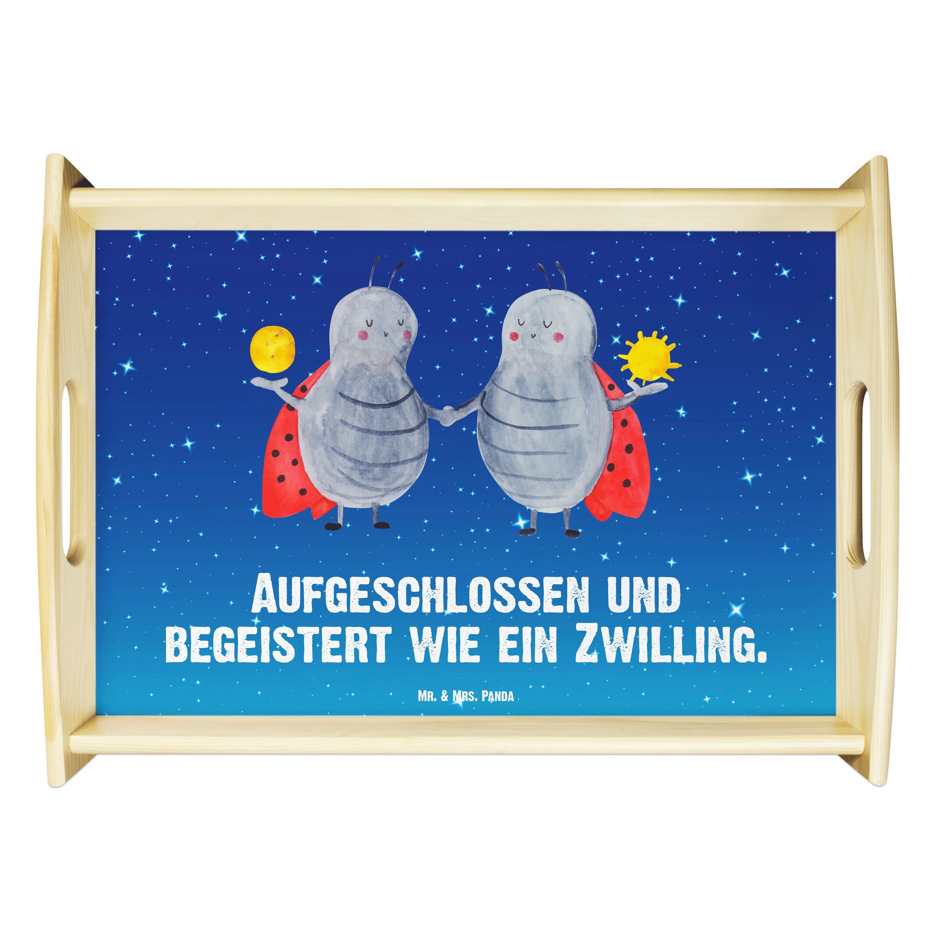 Mr. & Mrs. Panda Tablett Sternzeichen Zwilling - Sternenhimmel Blau - Geschenk, Astrologie, Ge, Echtholz lasiert, (1-tlg)