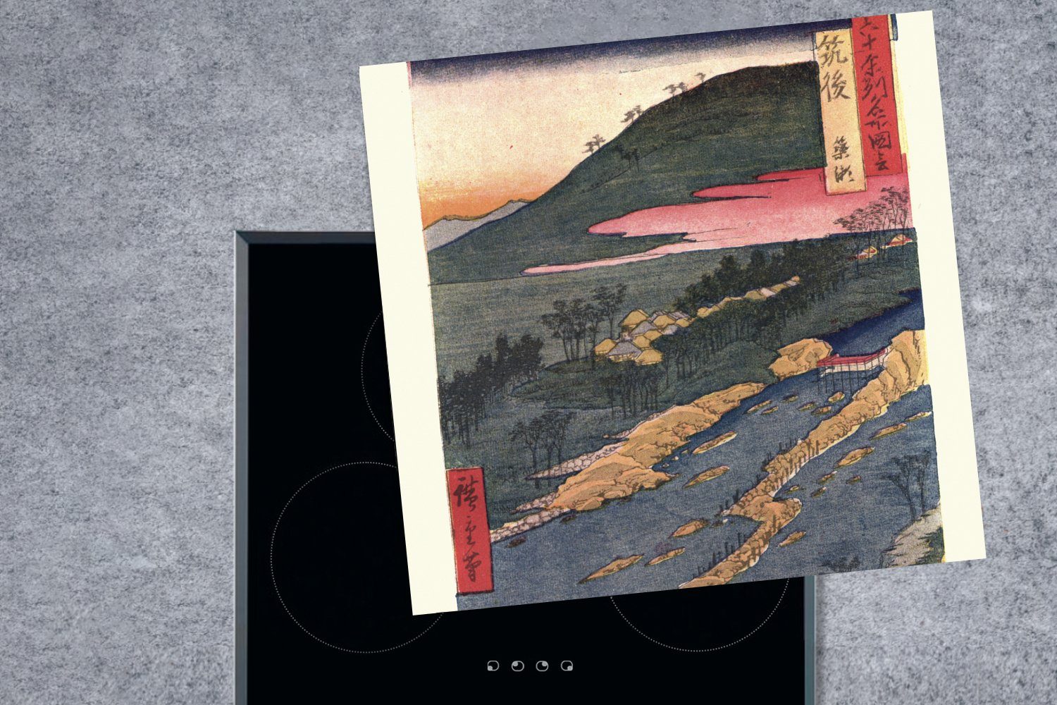 (1 78x78 Ceranfeldabdeckung, tlg), MuchoWow für Herdblende-/Abdeckplatte cm, küche Landschaft, Vinyl, Japanische Arbeitsplatte Vintage-Gravur