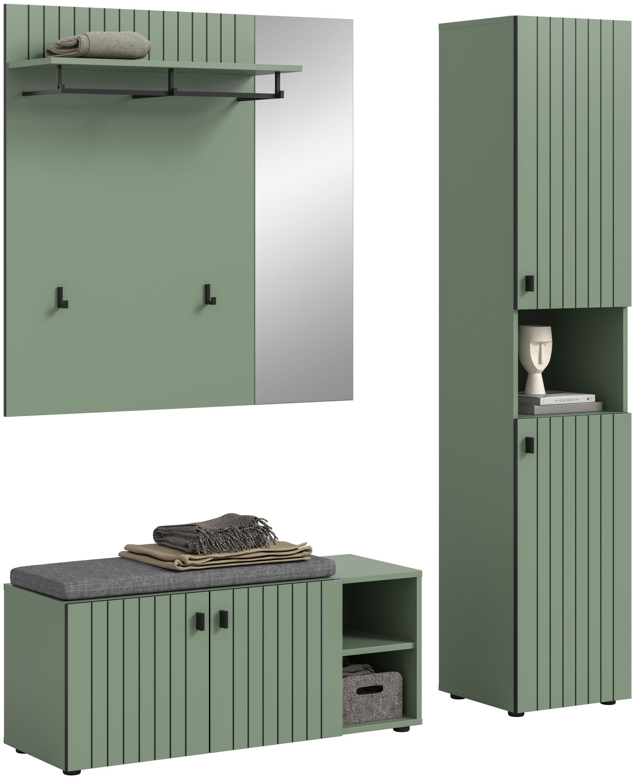 xonox.home Garderoben-Set, (3-tlg. Garderobensitzbank, Garderobenpaneel & Garderobenschrank), inkl. Sitzkissen in Smoke Green Nachbildung B/H/T ca.: 161/192/37 cm