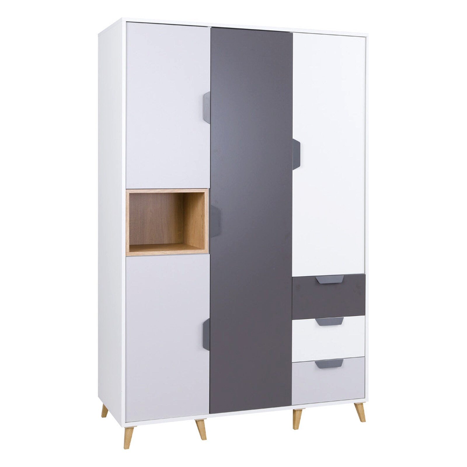 ROYAL24_MARKT Kleiderschrank Joker Kleiderschrank 120 cm mit 4 Türen und 3 Schubladen