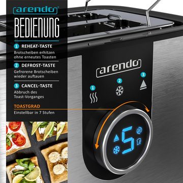 Arendo Toaster, für 2 Scheiben, 850 W, 7 Bräunungsstufen, Brötchenaufsatz, Krümelschublade, Edelstahl