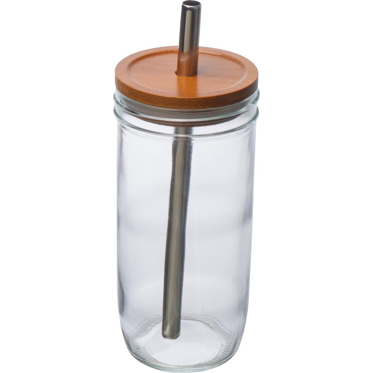 Becher Trinkbecher aus Glas mit Bambusdeckel und Trinkhalm / Füllvermögen: 65