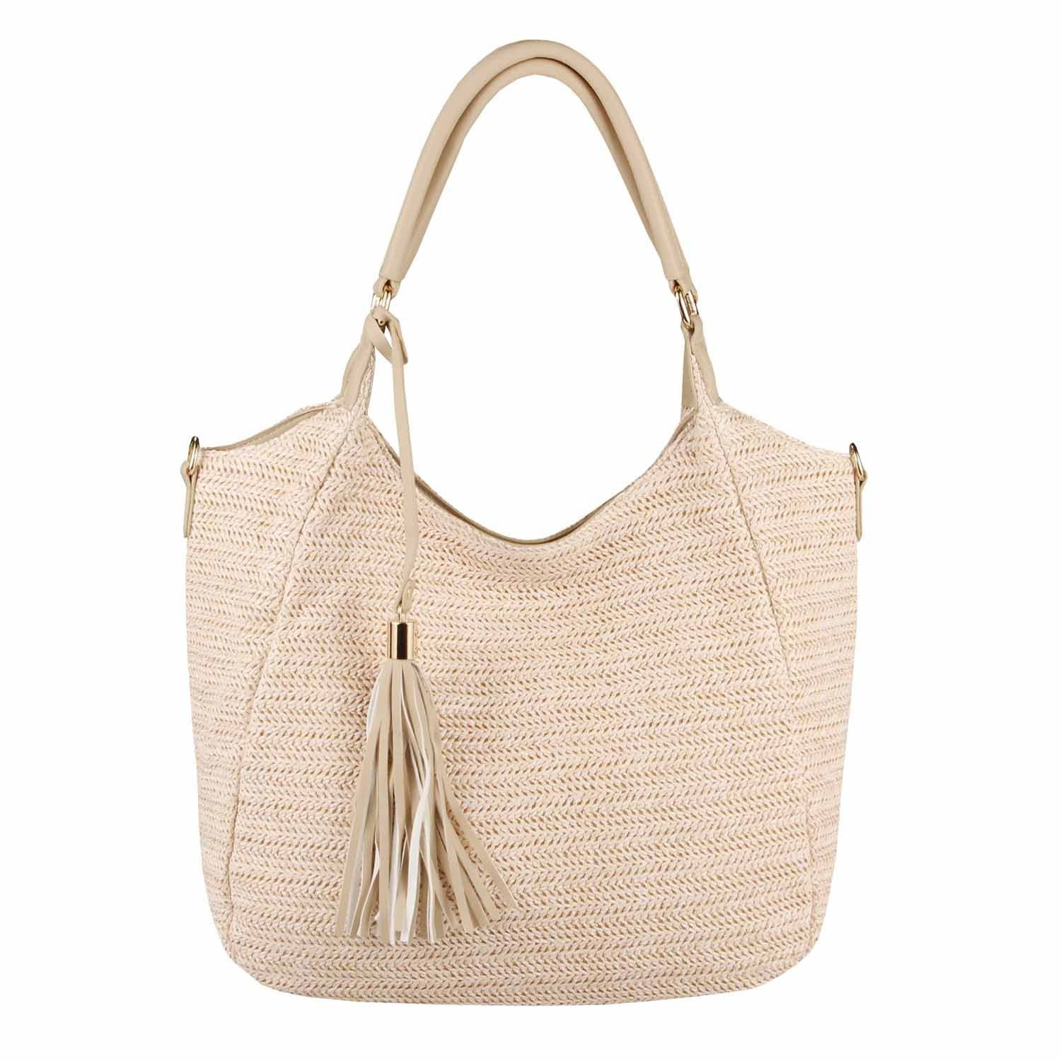 ITALYSHOP24 Schultertasche DAMEN TASCHE Strohtasche Shopper Tote Geflecht Häkeltasche Weekender, Boho Beuteltasche Leder Optik Sommer Basttasche Hobo Strand Urlaub