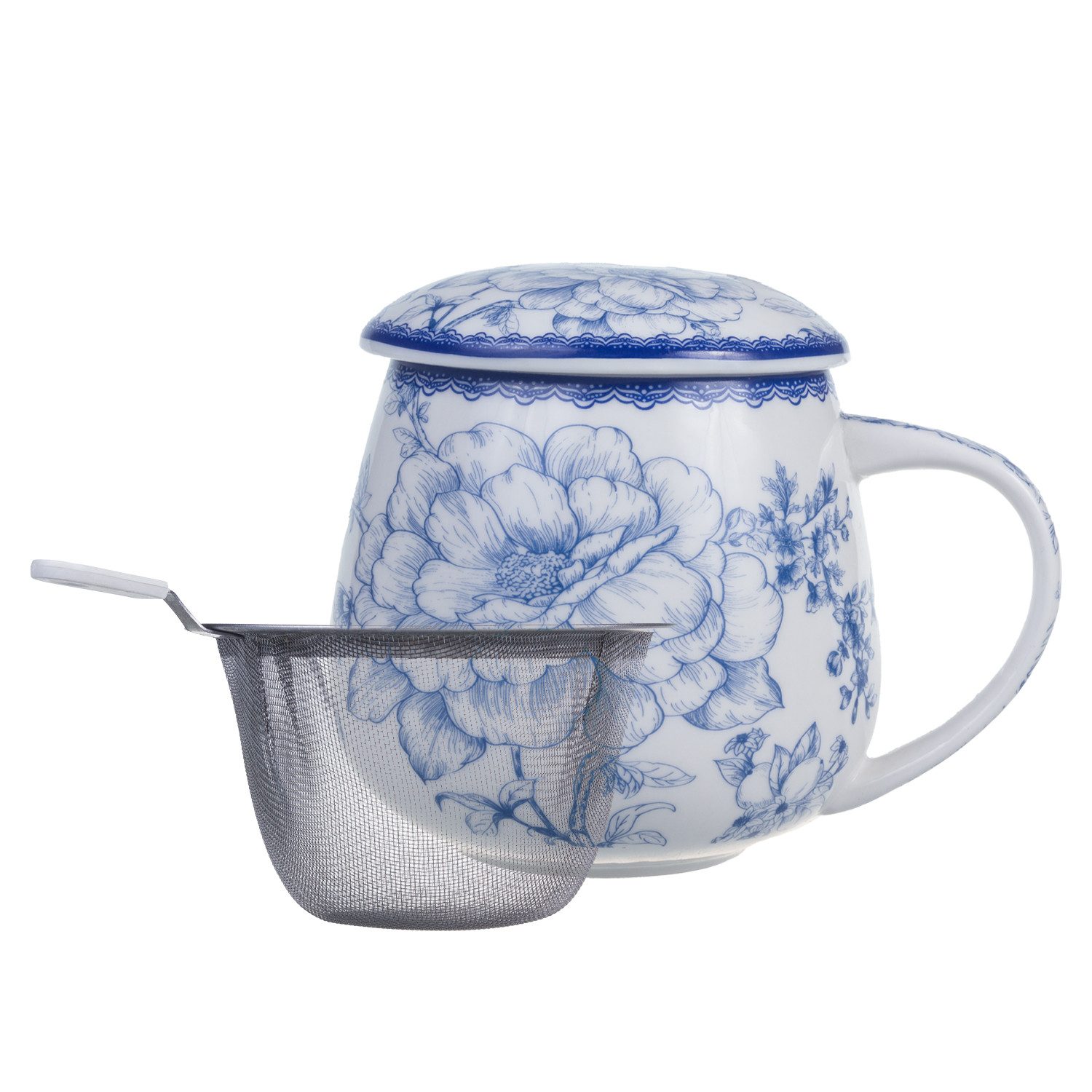 Queen Isabell Teeglas Porzellanbecher 450ml mit Sieb, feines Knochenporzellan, Fassungsvermögen: 450 ml