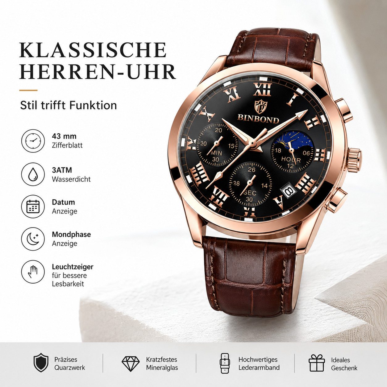 Forrlite Quarzuhr Herrenuhr Leder Herren Armbanduhr, Business Quarzuh Leuchtzeiger, (Multifunktionsuhr Armbanduhr, Lederarmband Armbanduhr, Chronograph Armbanduhr, Geschenk für Männer)
