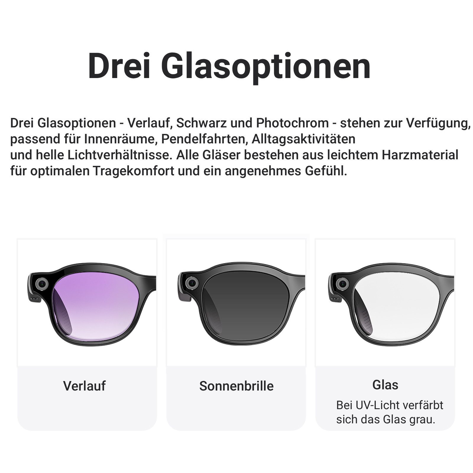 BBG LED-Brille Smart Glasses mit 8MP Kamera, Bluetooth 5.4, AI-Sprachassistent Open-Ear Audio, Wechselgläser, kabelloses Laden, für Android & iOS