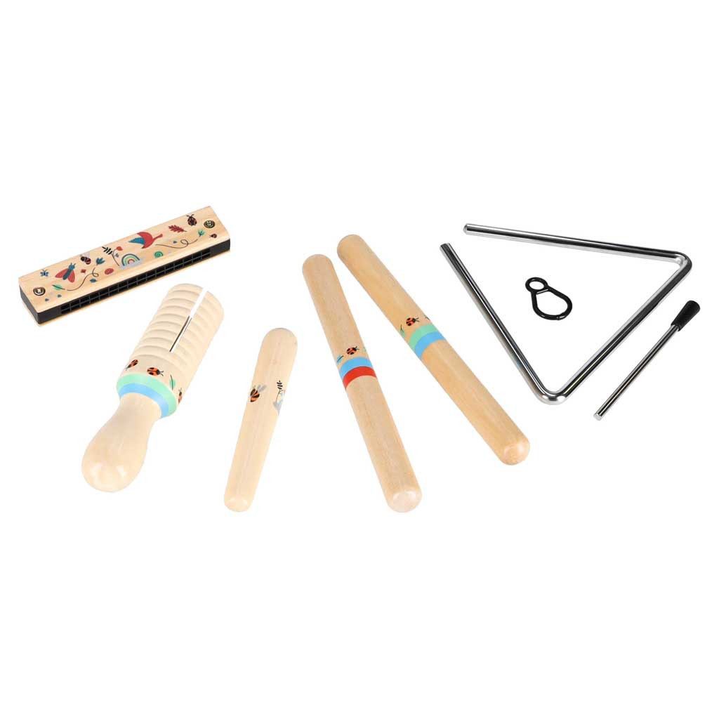 Ikonka Spielzeug-Musikinstrument Rhythmusset Musikset Kinderinstrumente, (Spar-Set, 5 tlg., 20 x 2 cm bunt bemalt), Massivholz, 5 Instrumente, bunt bemalt, ab 3 Jahren