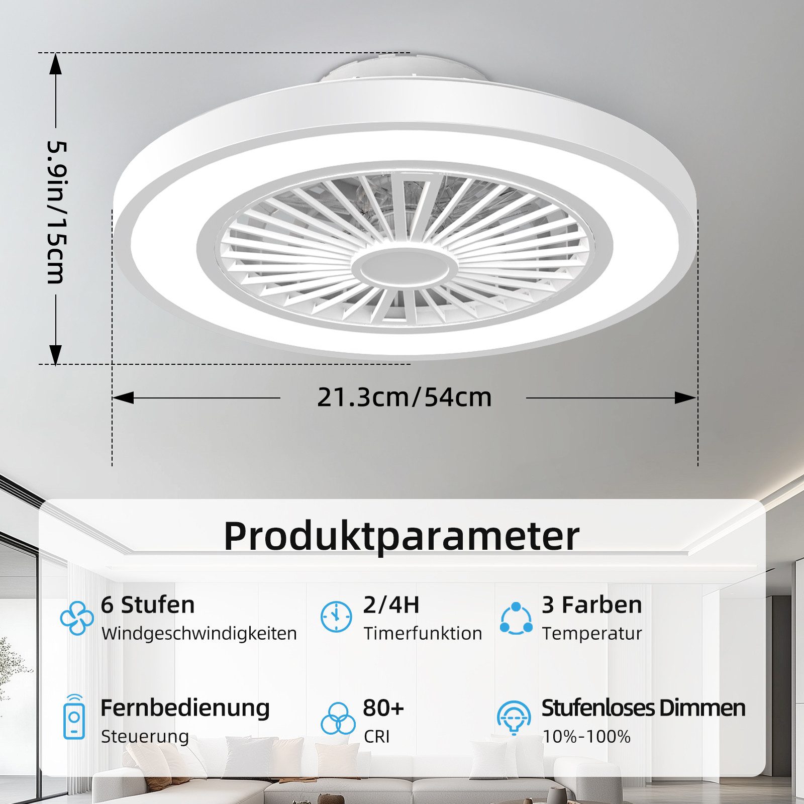 ATEROLL Deckenventilator mit LED Beleuchtung 6 Geschwindigkeiten-3CCT Dimmbar, Fernbedienung, 54 cm Durchmesser, Timer,Speicherfunktion,Lampe Ventilator Für Wohnzimmer Schlafzimmer