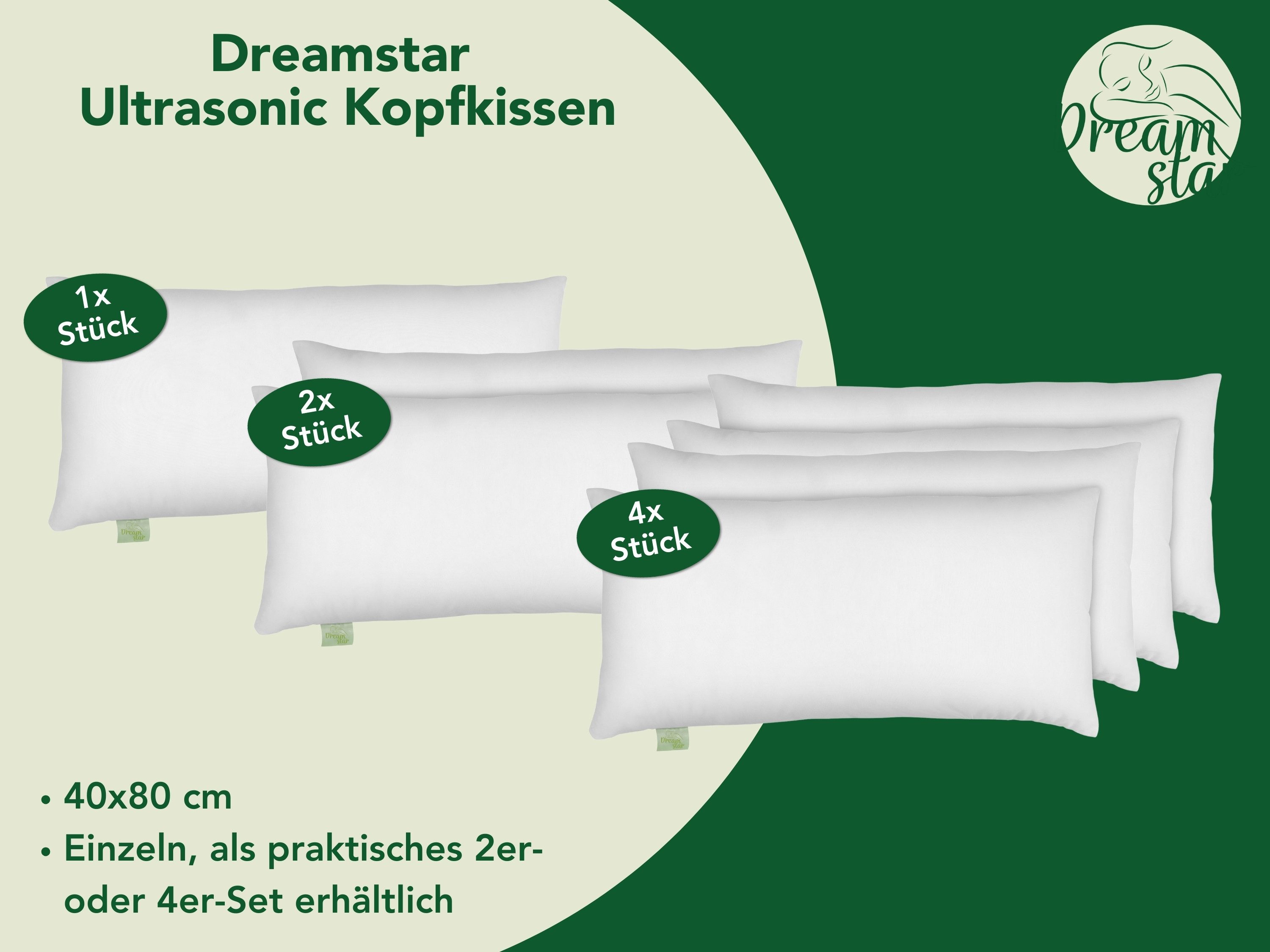 Dreamstar Microfaserkissen Eco, Kopfkissen in verschiedenen Größen - entwickelt in Deutschland, Füllung: Faserfüllung, Bezug: angenehm weiche Microfaser, Seitenschläfer, Rückenschläfer, Bauchschläfer, 1-tlg., waschbar & allergikergeeignet, Kissen 40x80 cm