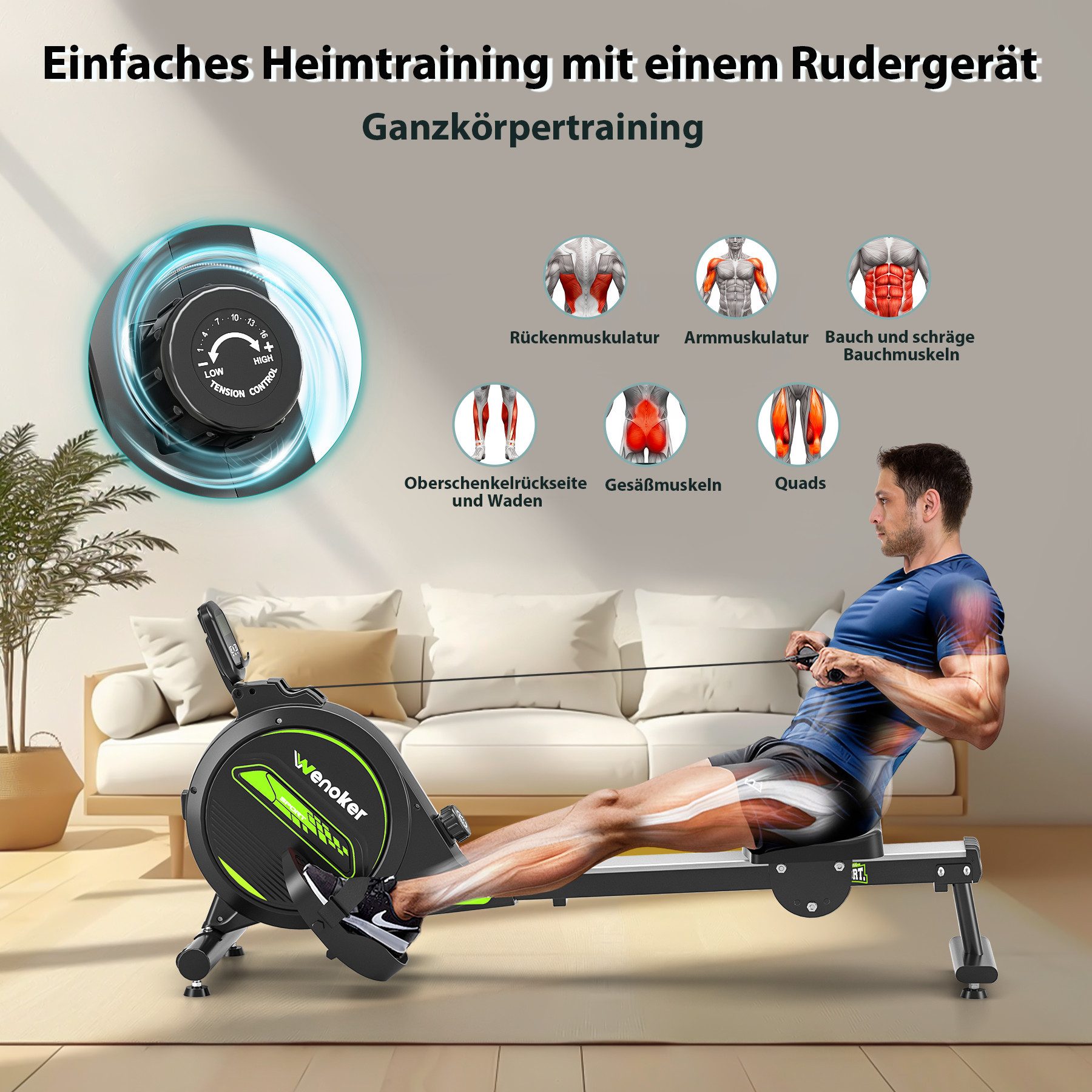 Wenoker Rudergerät Leises Magnetisches Rudergerät für Zuhause,16 Stufen Widerstand (1-tlg., Indoor-Gerät mit APP & LCD-Display), für das Home-Gym, Cardio-Trainingsgerät, 160 kg Kapazität