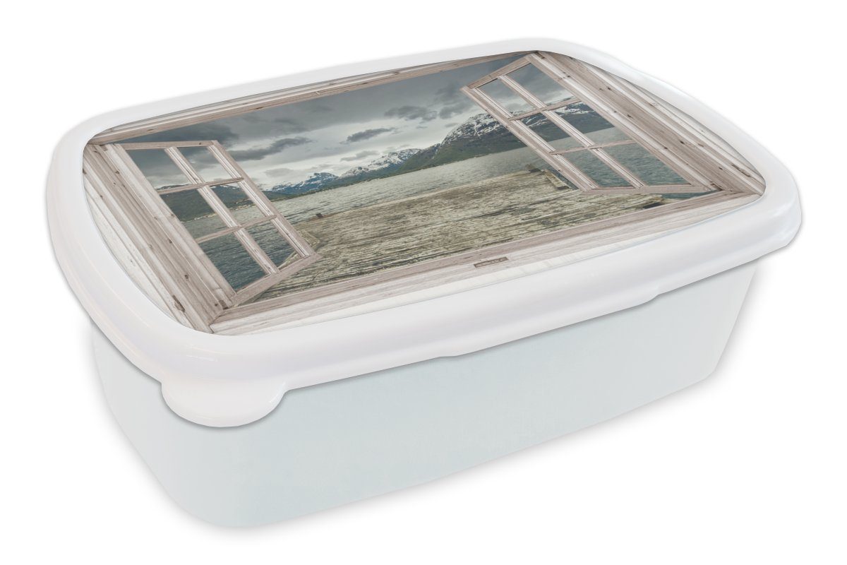 MuchoWow Lunchbox Ausblick - Gerüstbau - Berg, Kunststoff, (2-tlg), Brotbox für Kinder und Erwachsene, Brotdose, für Jungs und Mädchen weiß