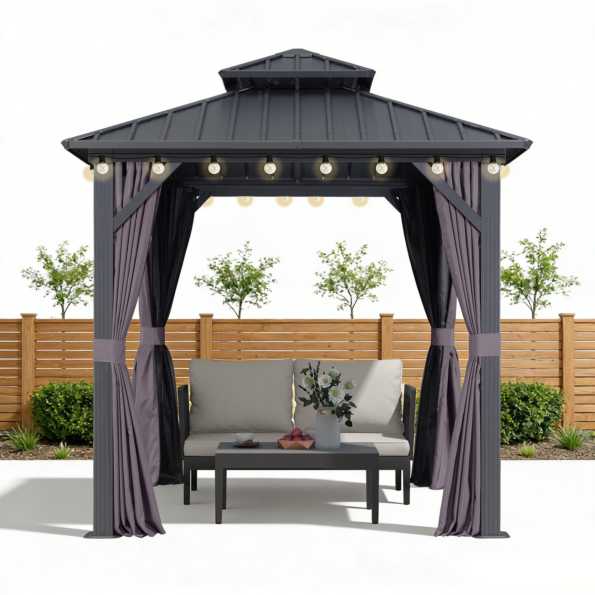 PURPLE LEAF Pavillon Günstiges Gartenpavillon mit LED-Lichterkette, (1 Pavillon + LED-Licht, Vorhängen und Moskitonetz), Wasserdicht, UV-beständig, Privatsphärenschutz