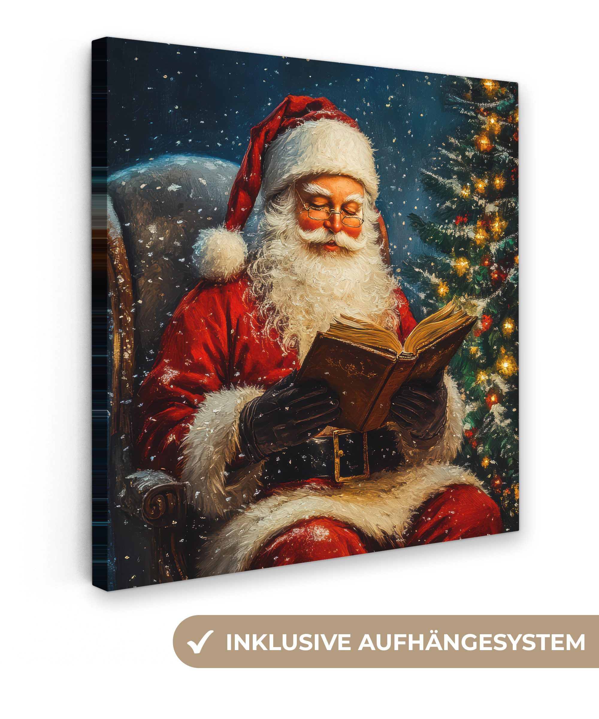 OneMillionCanvasses® Leinwandbild Weihnachtsmann - Weihnachten - Winter - Weihnachtsbaum, Fotodruck (1 St), Wandbild, Deko Schlafzimmer Wohnzimmer Flur 20x20 cm