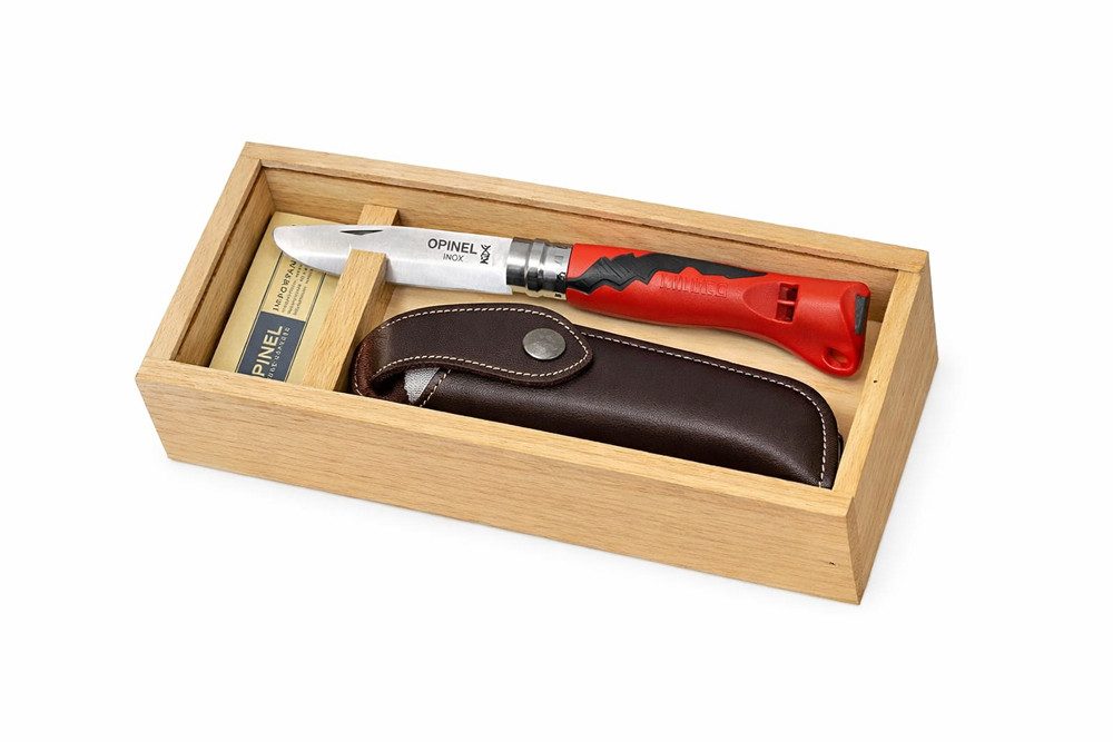 Opinel Taschenmesser Opinel Kindermesser OUTDOOR JUNIOR rot + Holzbox, (Kinder-Schnitzmesser in schöner Holz-Geschenkbox)