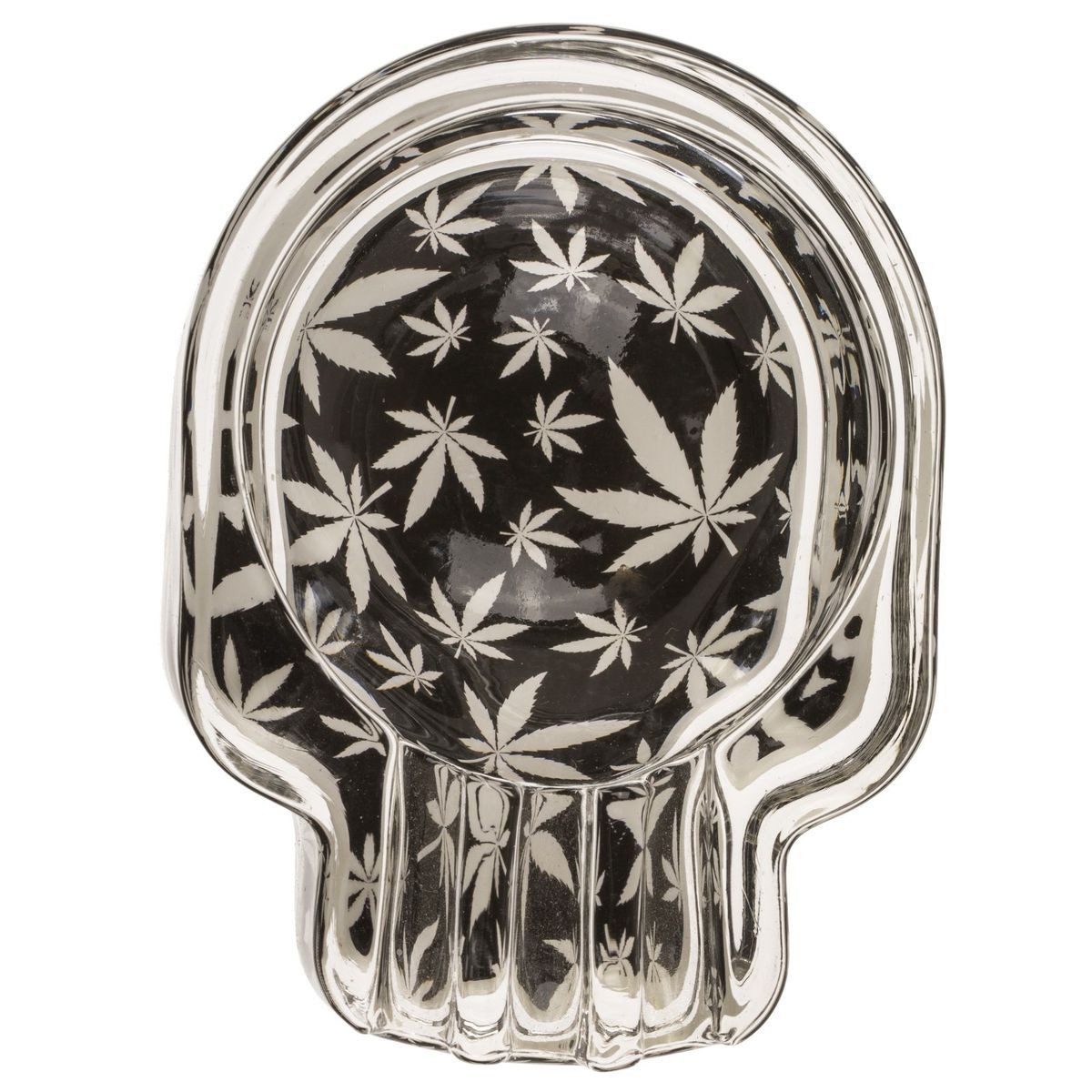 Out of the Blue Aschenbecher Tischaschenbecher ca.7 x 9,5 cm cm Glas rund Totenkopf Cannabis, mit 3 Einsenkungen, leuchtet im Dunkeln