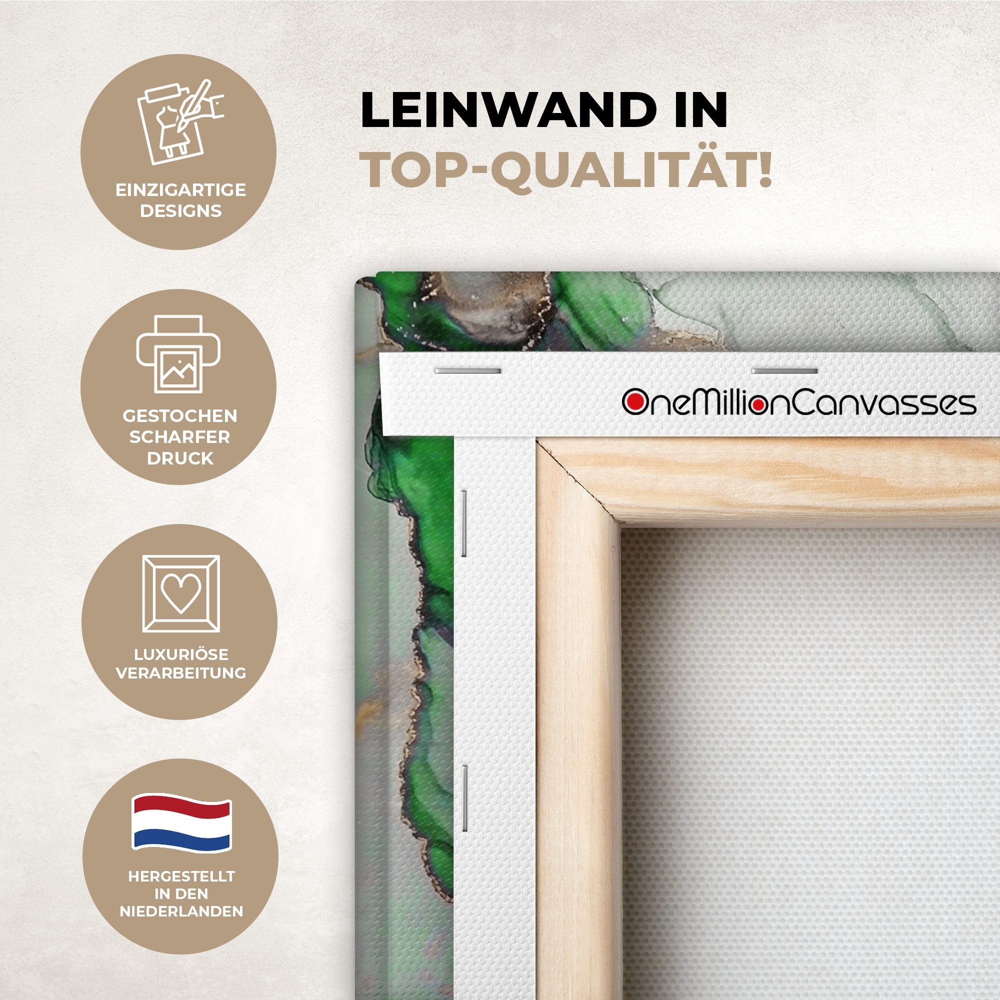 OneMillionCanvasses® Leinwandbild Marmor - Gold - Grün - Luxus, Fotodruck (1 St), Wandbild, Deko Schlafzimmer Wohnzimmer Flur 20x20 cm