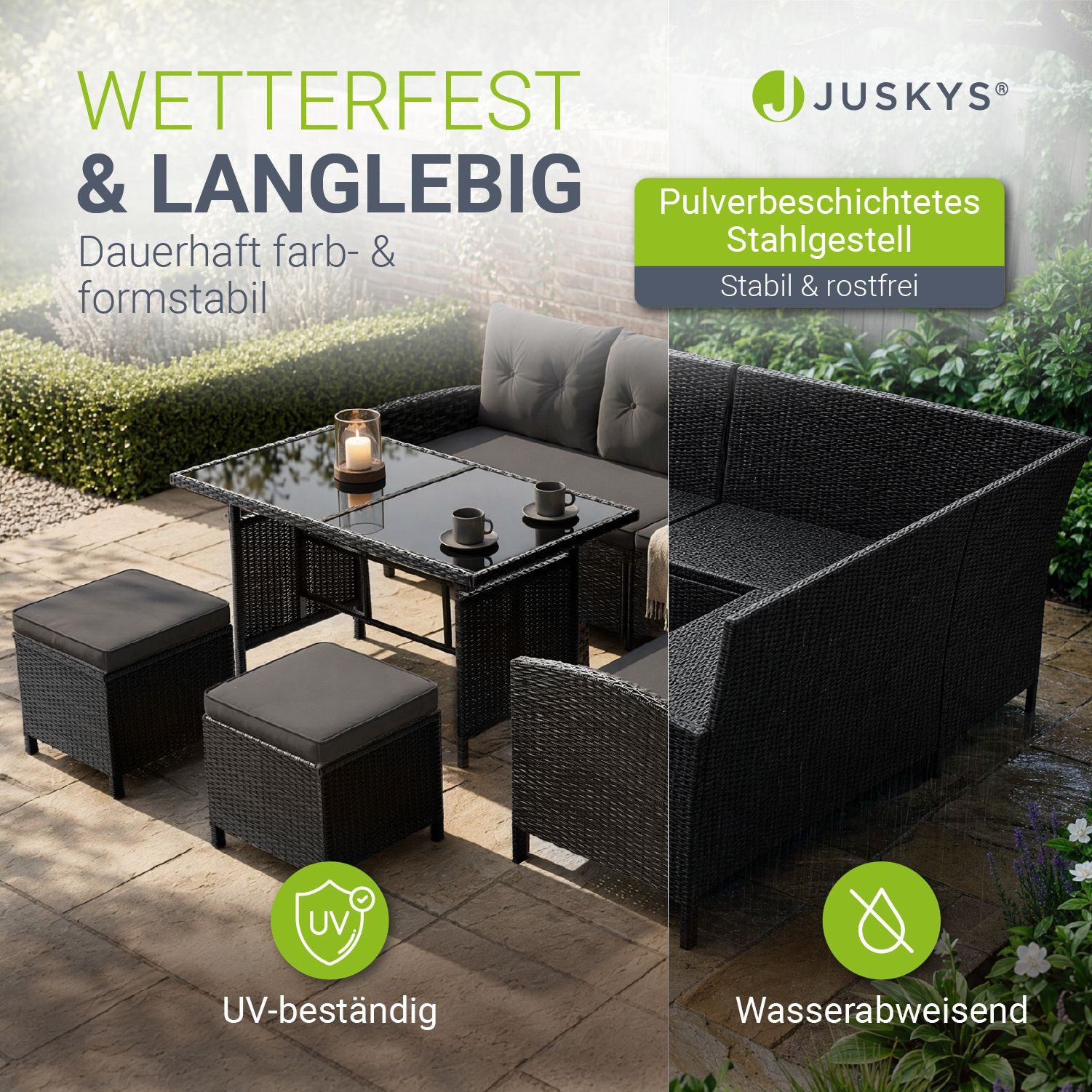 Juskys Gartenlounge-Set Manacor, (Gartenlounge), Polyrattan Gartenmöbel-Set mit Garten-Sofa, Garten-Tisch und 2 Hocker