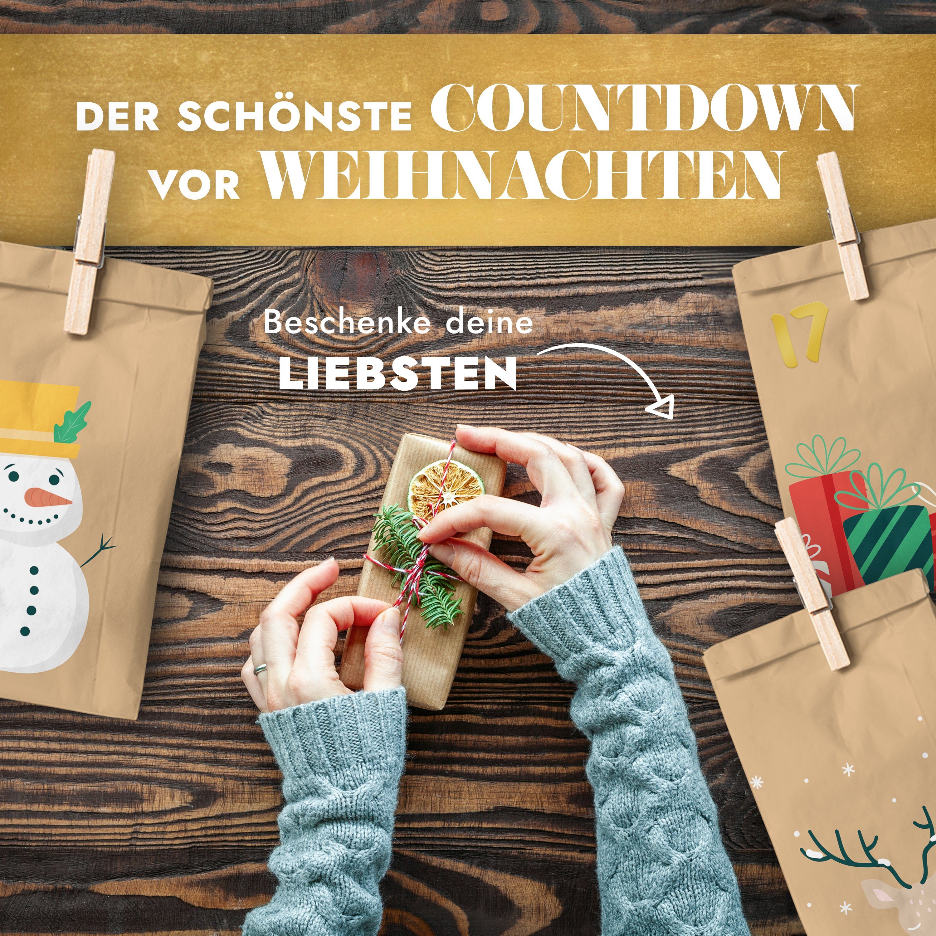 Holzklammern Befüllen Adventskalender Snowman mit Adventskalender Tüten 013 zum befüllbarer AMARI® Amari