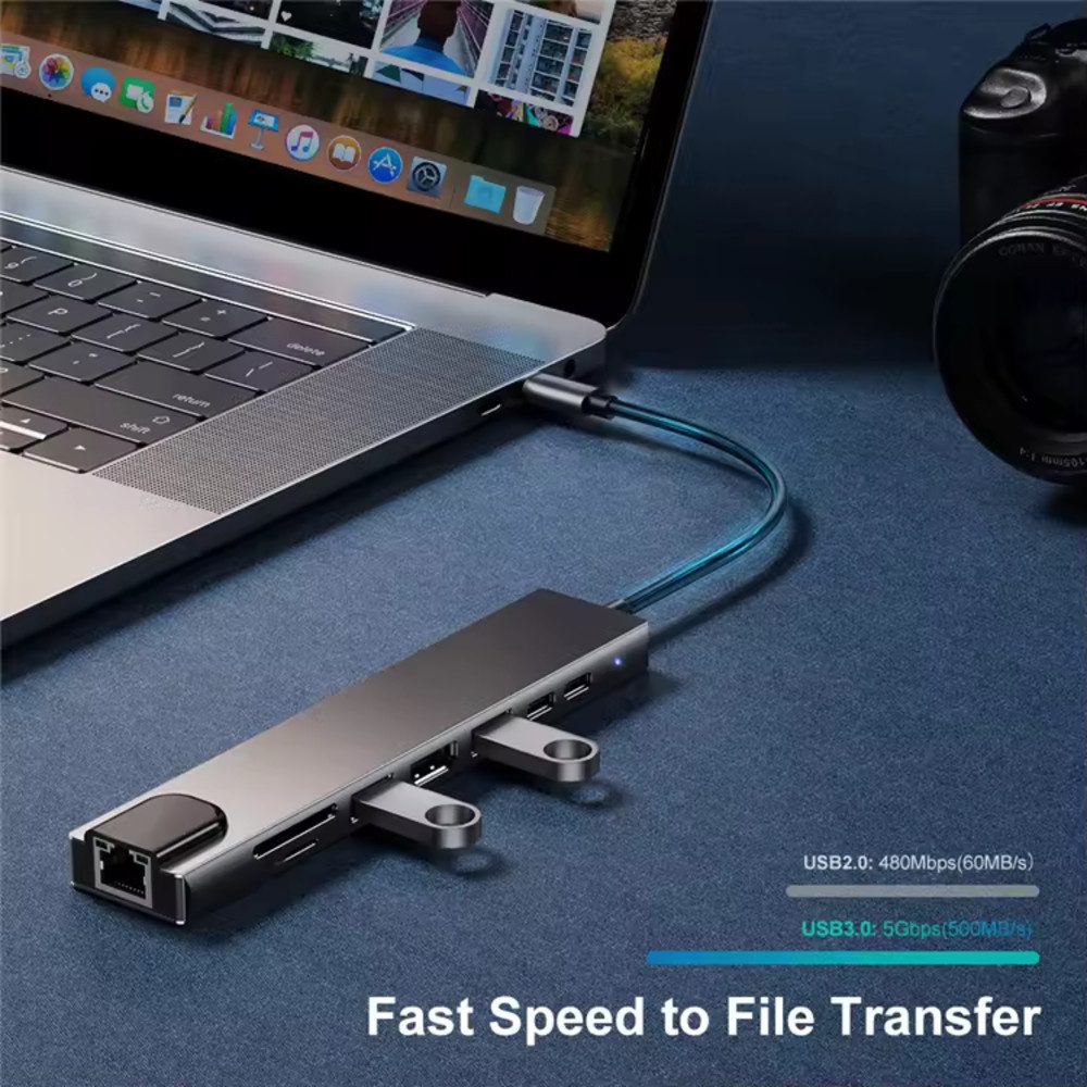 TradeNation Laptop-Dockingstation USB-C Hub 8-IN-1 Adapter HDMI USB 3.0 LAN Ethernet SD Kartenleser, (USB C Adapter, 1 St., USB C Dockingstation), 4K RJ45 Micro